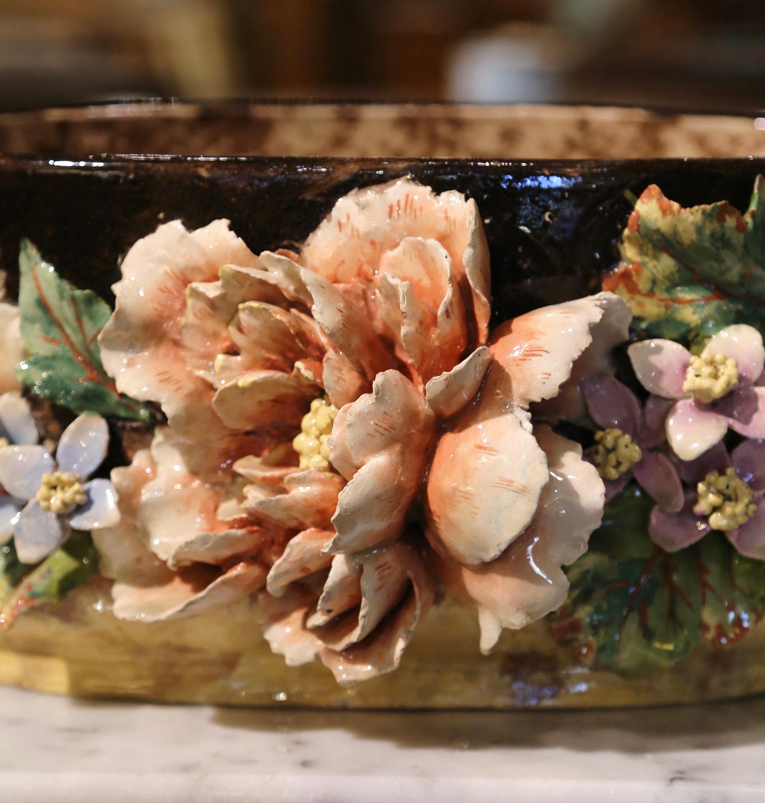 19th Century French Painted Faience Barbotine Floral Jardinière from Montigny 3