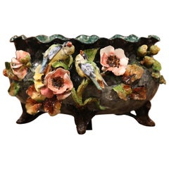 19th Century French Painted Faience Floral and Bird Jardinière from Montigny