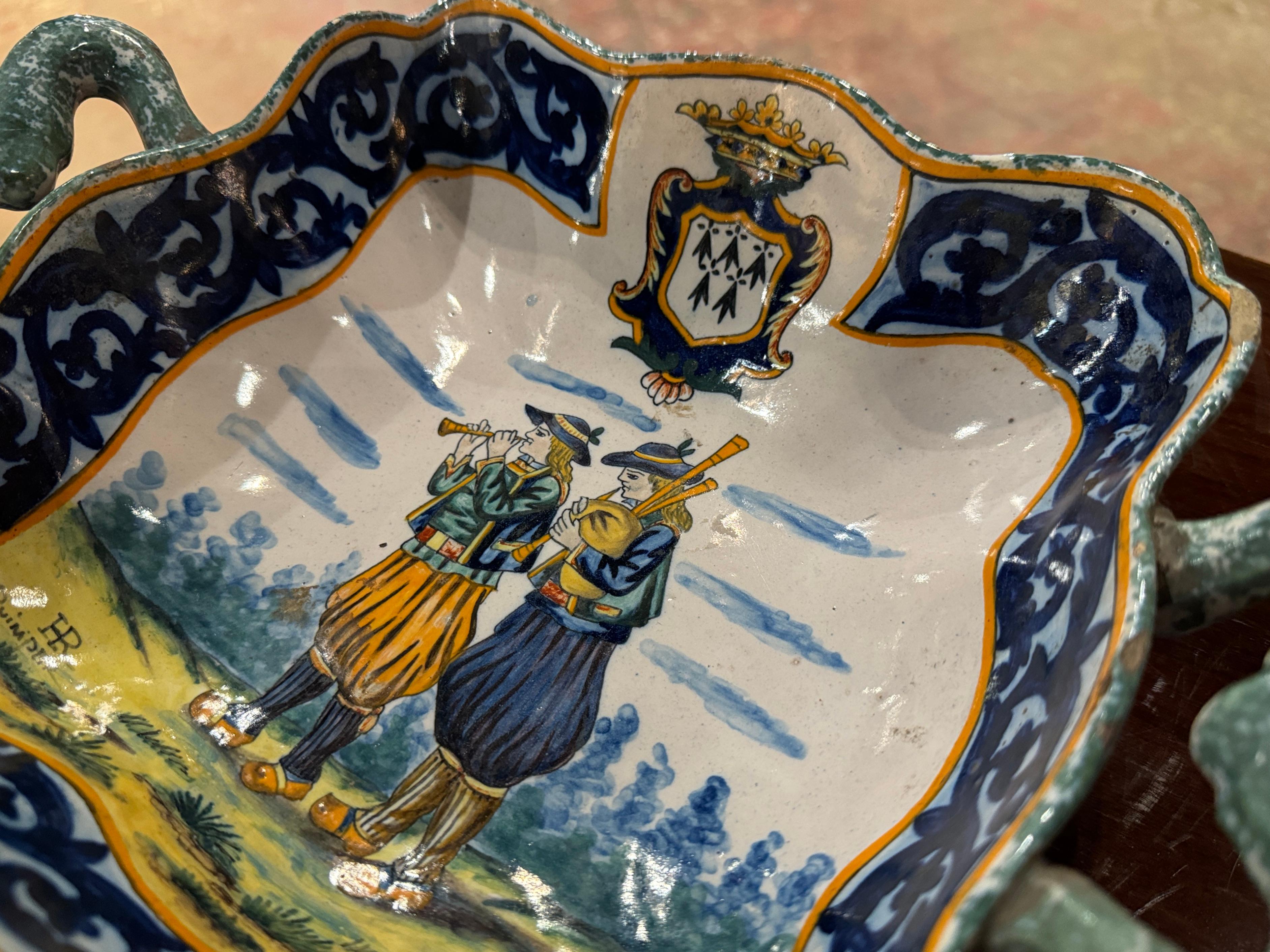 Hand-Painted 19th Century French Painted Faience Porquier Beau Dish Signed HR Quimper