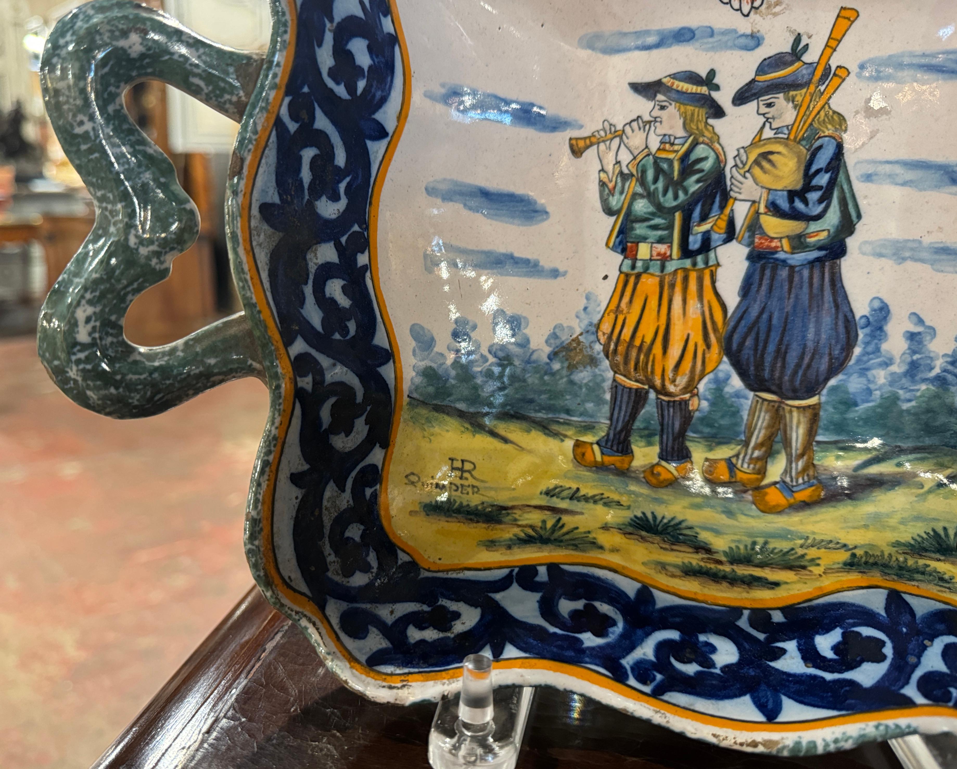 19th Century French Painted Faience Porquier Beau Dish Signed HR Quimper In Excellent Condition In Dallas, TX