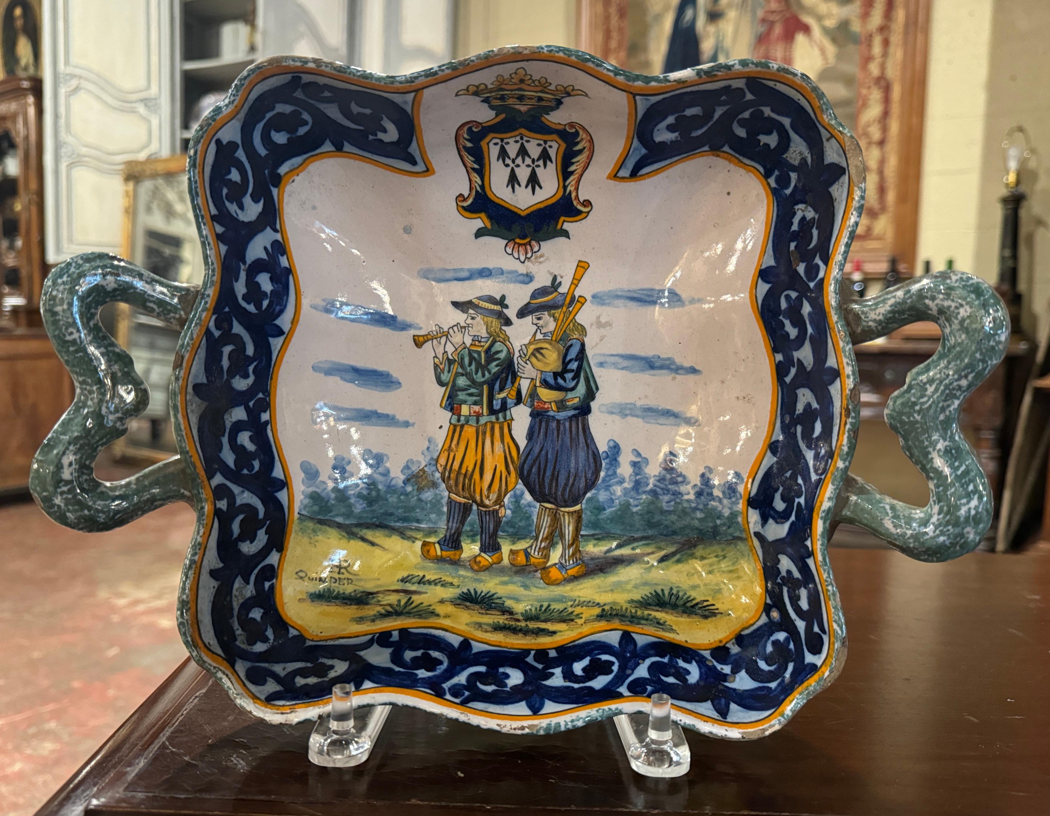Ceramic 19th Century French Painted Faience Porquier Beau Dish Signed HR Quimper