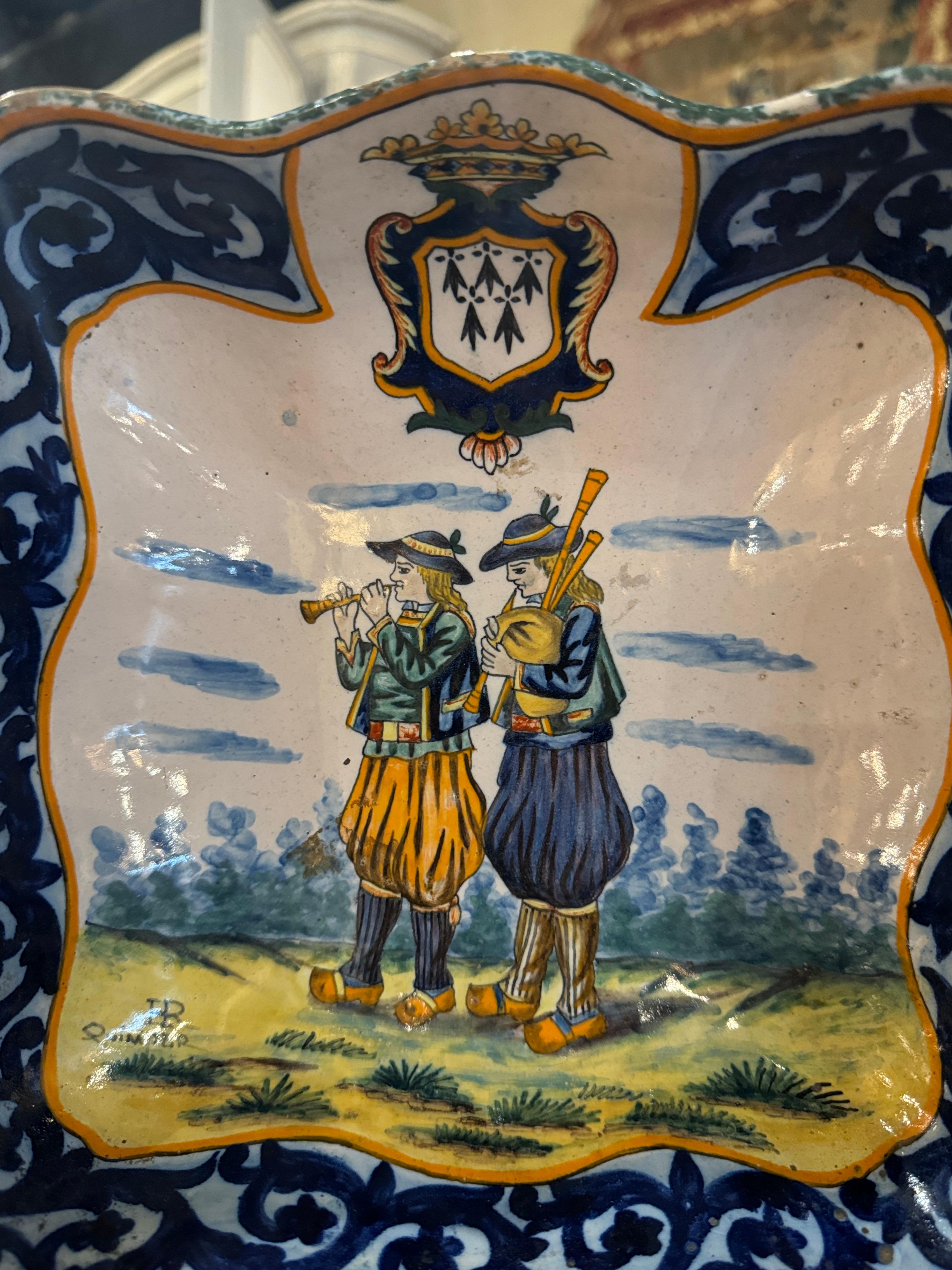 19th Century French Painted Faience Porquier Beau Dish Signed HR Quimper 1