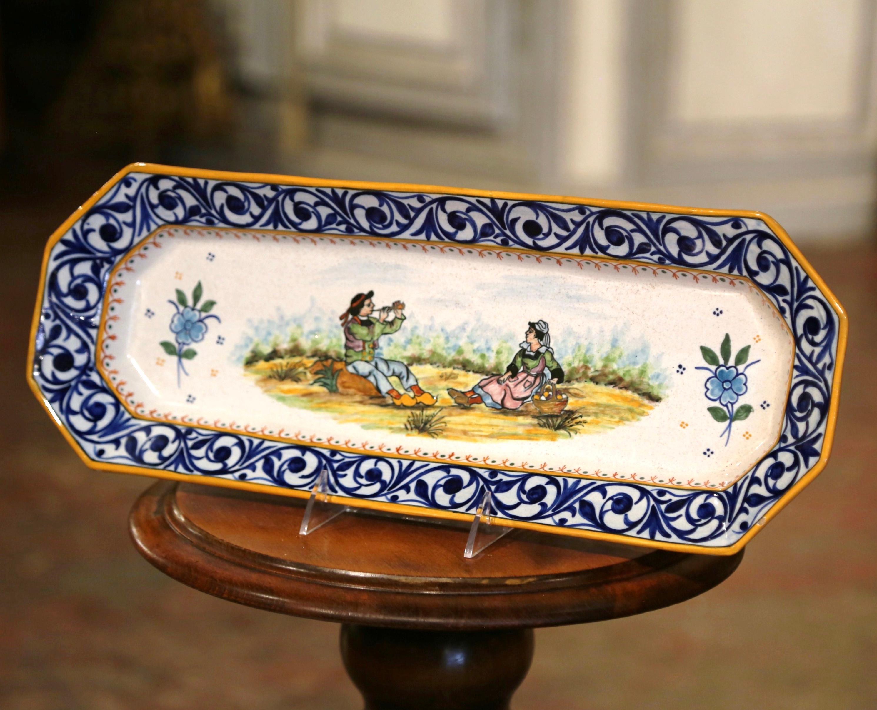 Hand-Painted 19th Century French Painted Faience Porquier Beau Dish Signed IB Quimper