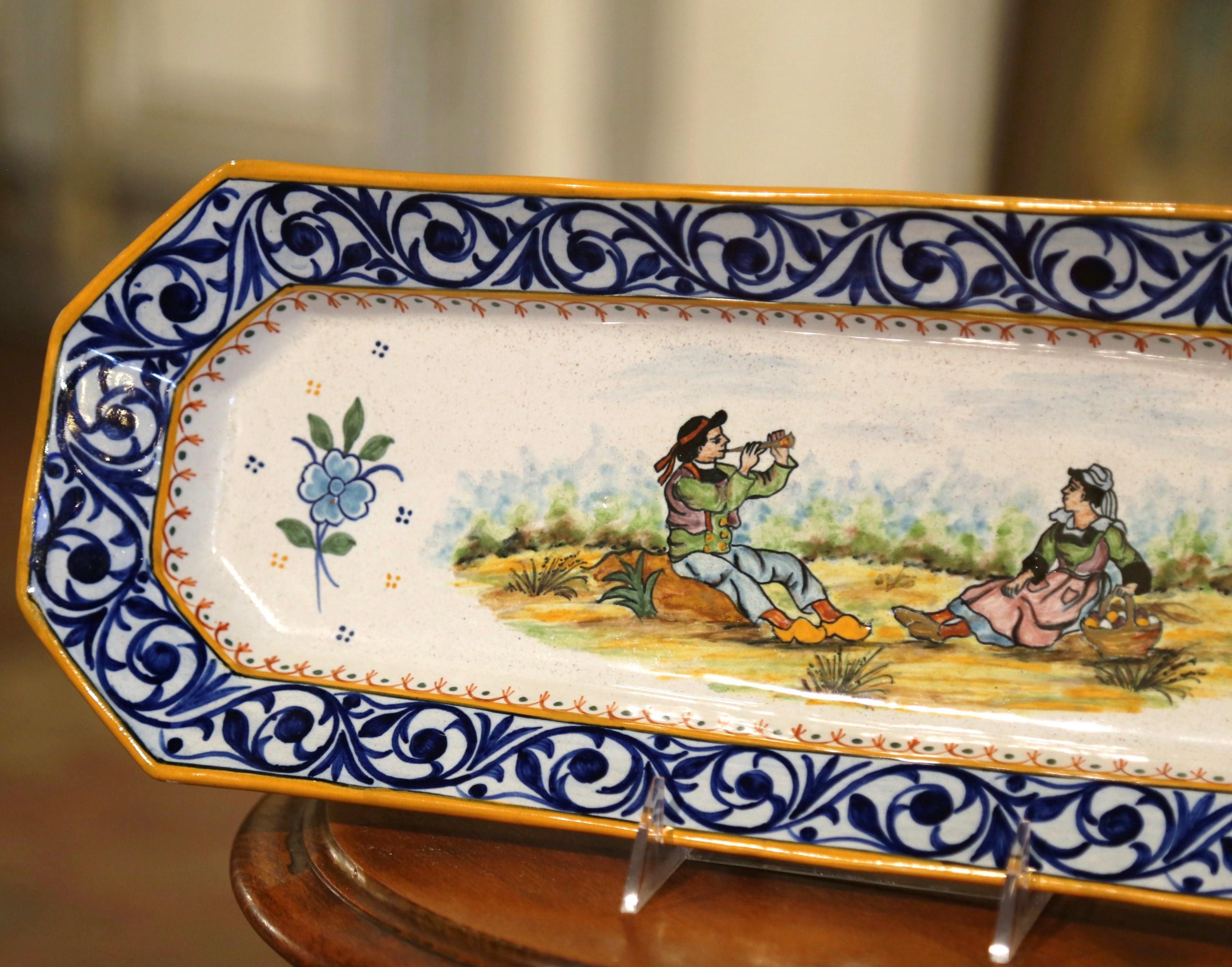 19th Century French Painted Faience Porquier Beau Dish Signed IB Quimper In Excellent Condition In Dallas, TX