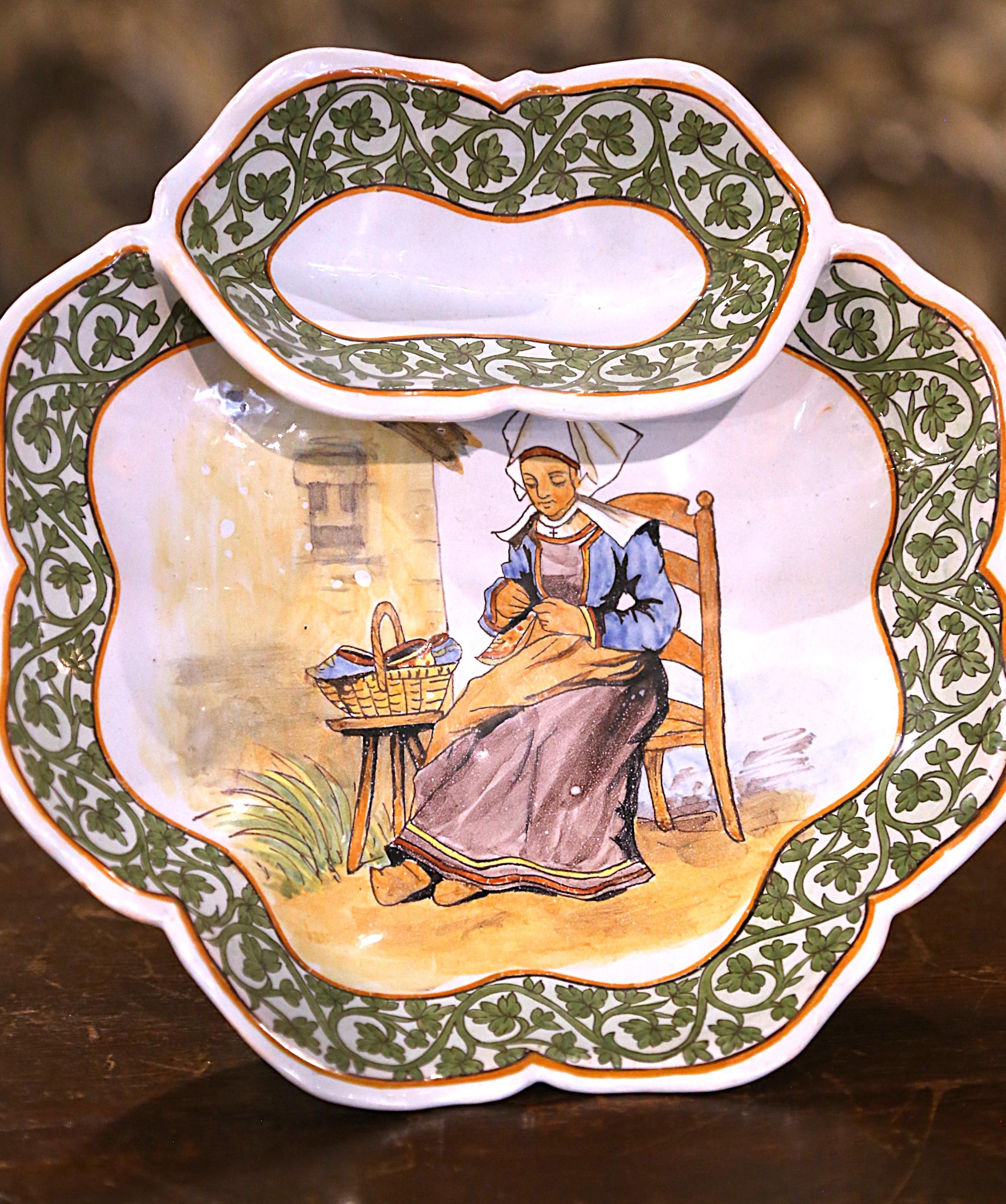 Hand-Painted 19th Century French Painted Faience Porquier Beau Quimper Dipping Compote For Sale