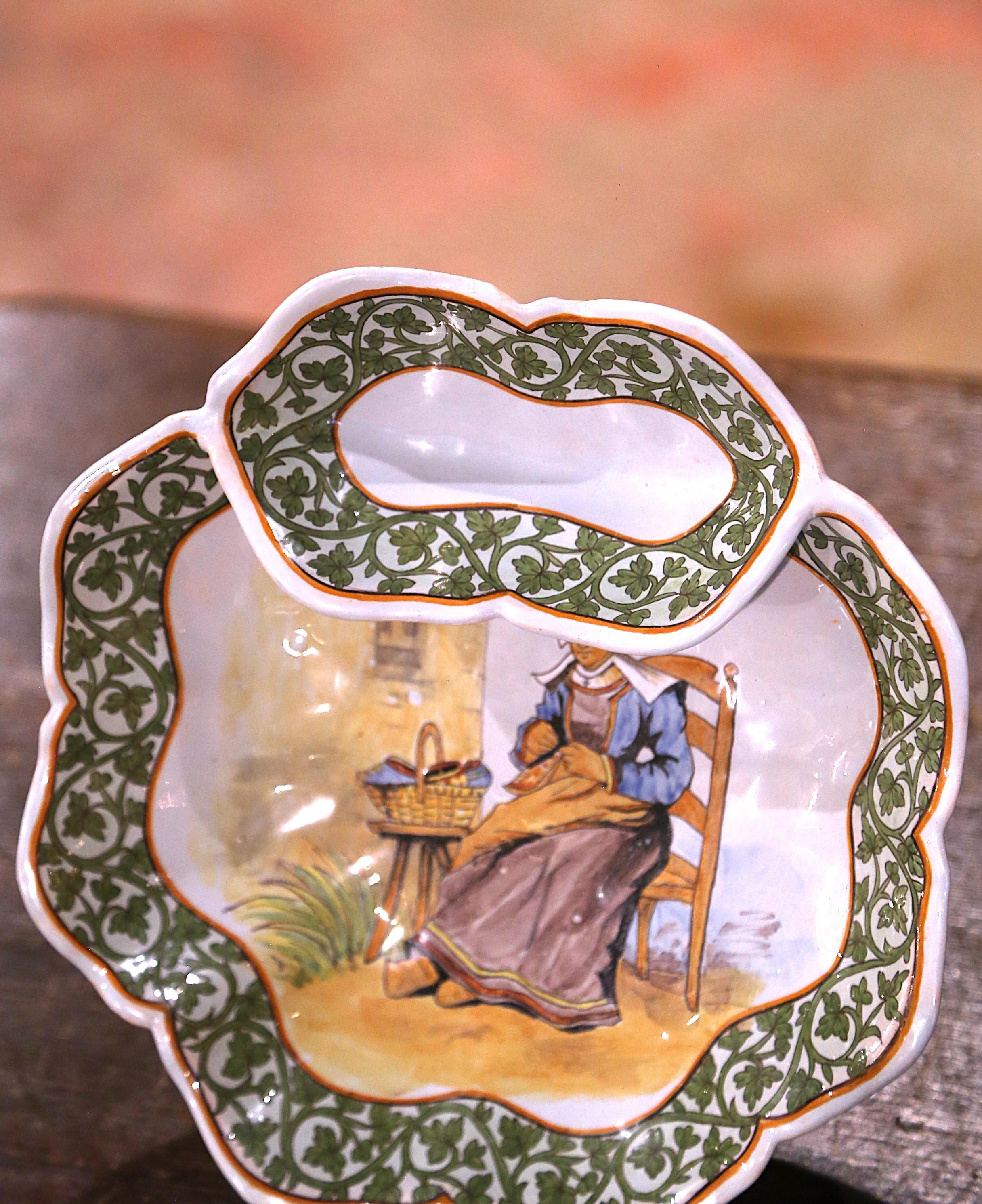 19th Century French Painted Faience Porquier Beau Quimper Dipping Compote For Sale 1