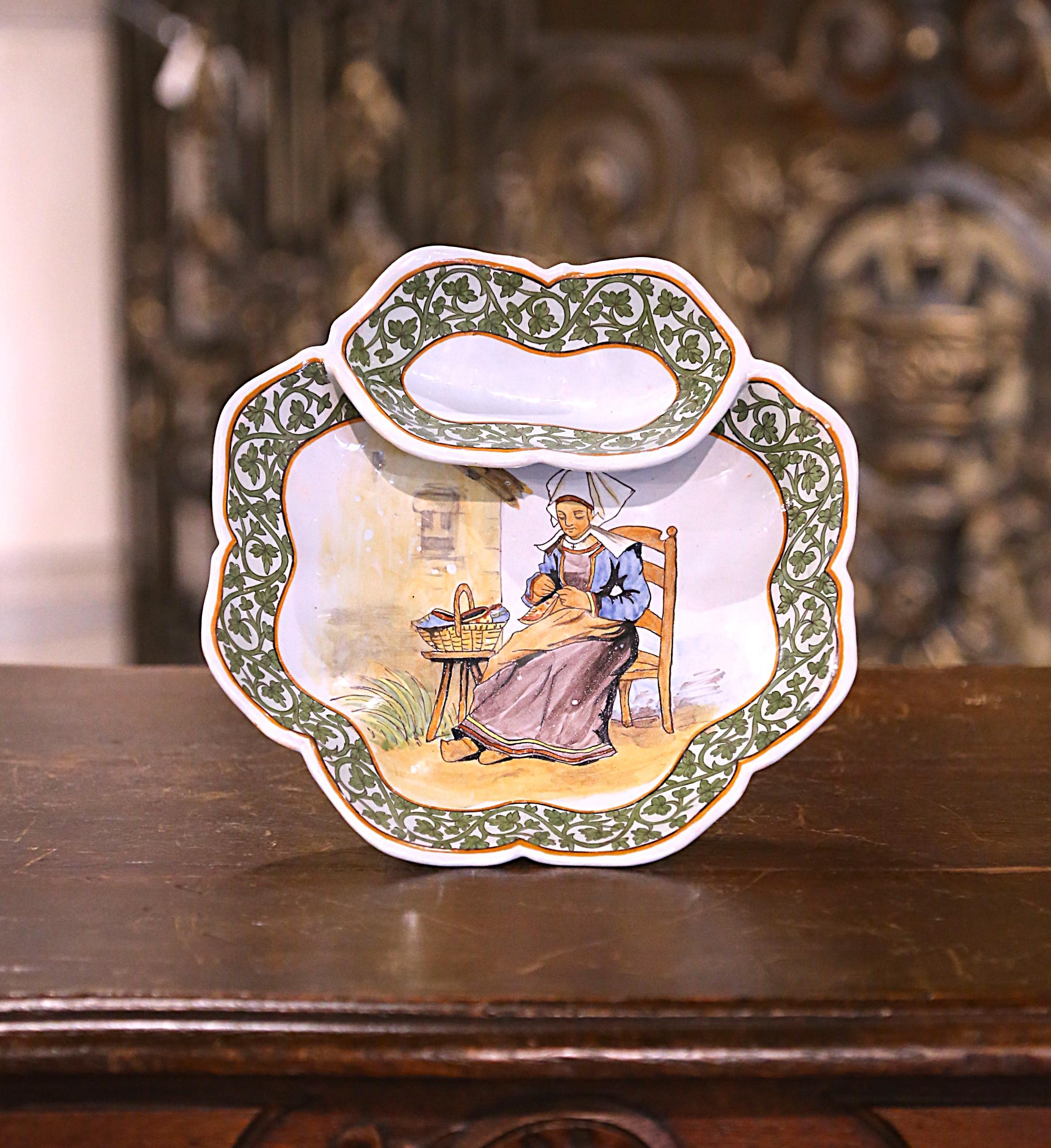 19th Century French Painted Faience Porquier Beau Quimper Dipping Compote For Sale 2