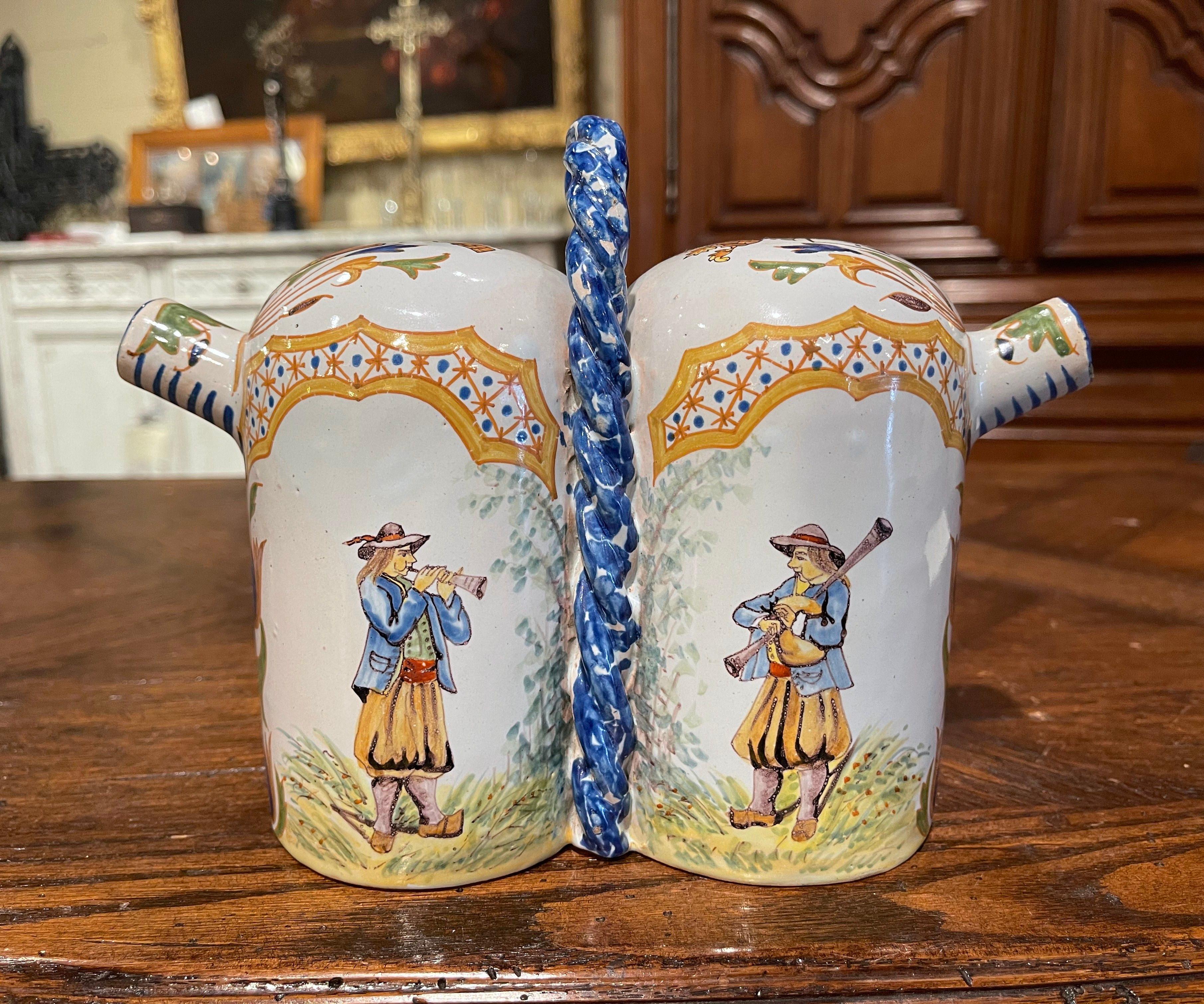 Hand-Painted 19th Century French Painted Faience Porquier Beau Quimper Olive Oil Container For Sale