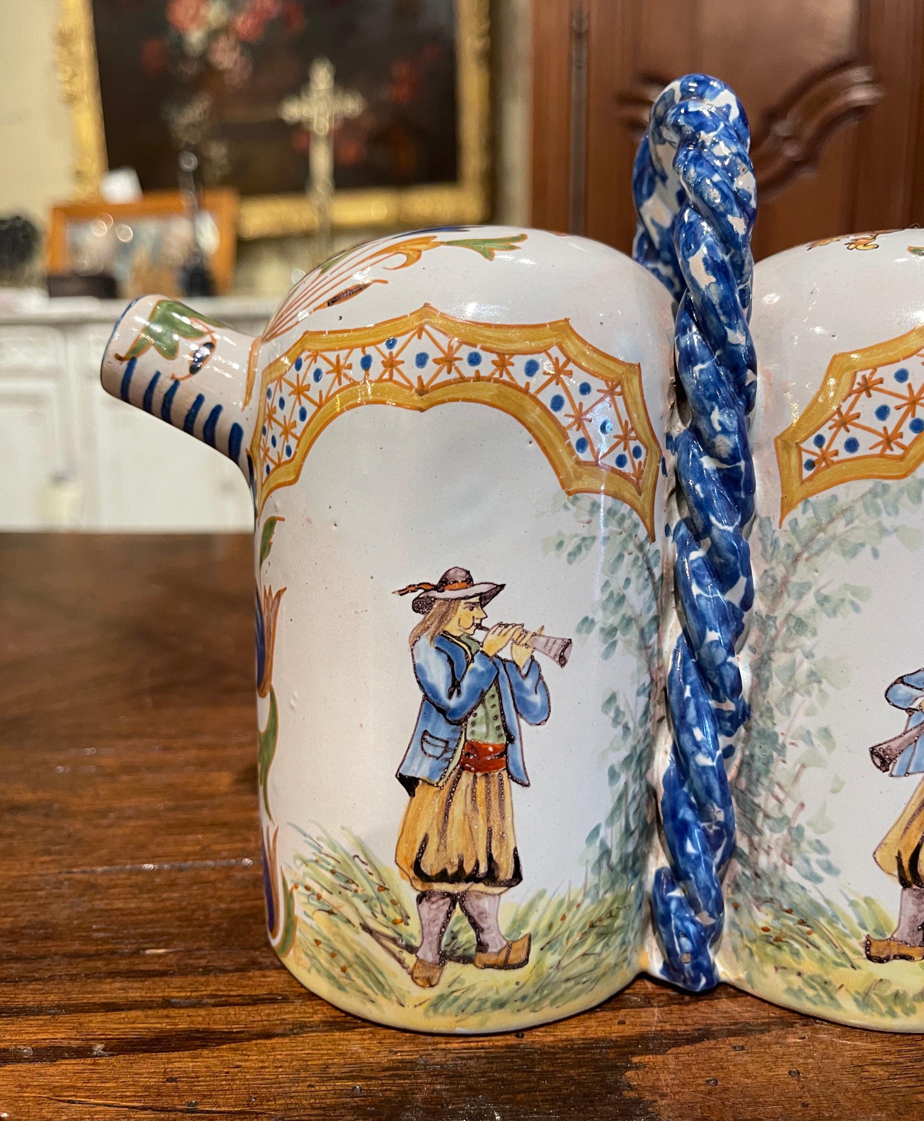19th Century French Painted Faience Porquier Beau Quimper Olive Oil Container In Excellent Condition For Sale In Dallas, TX