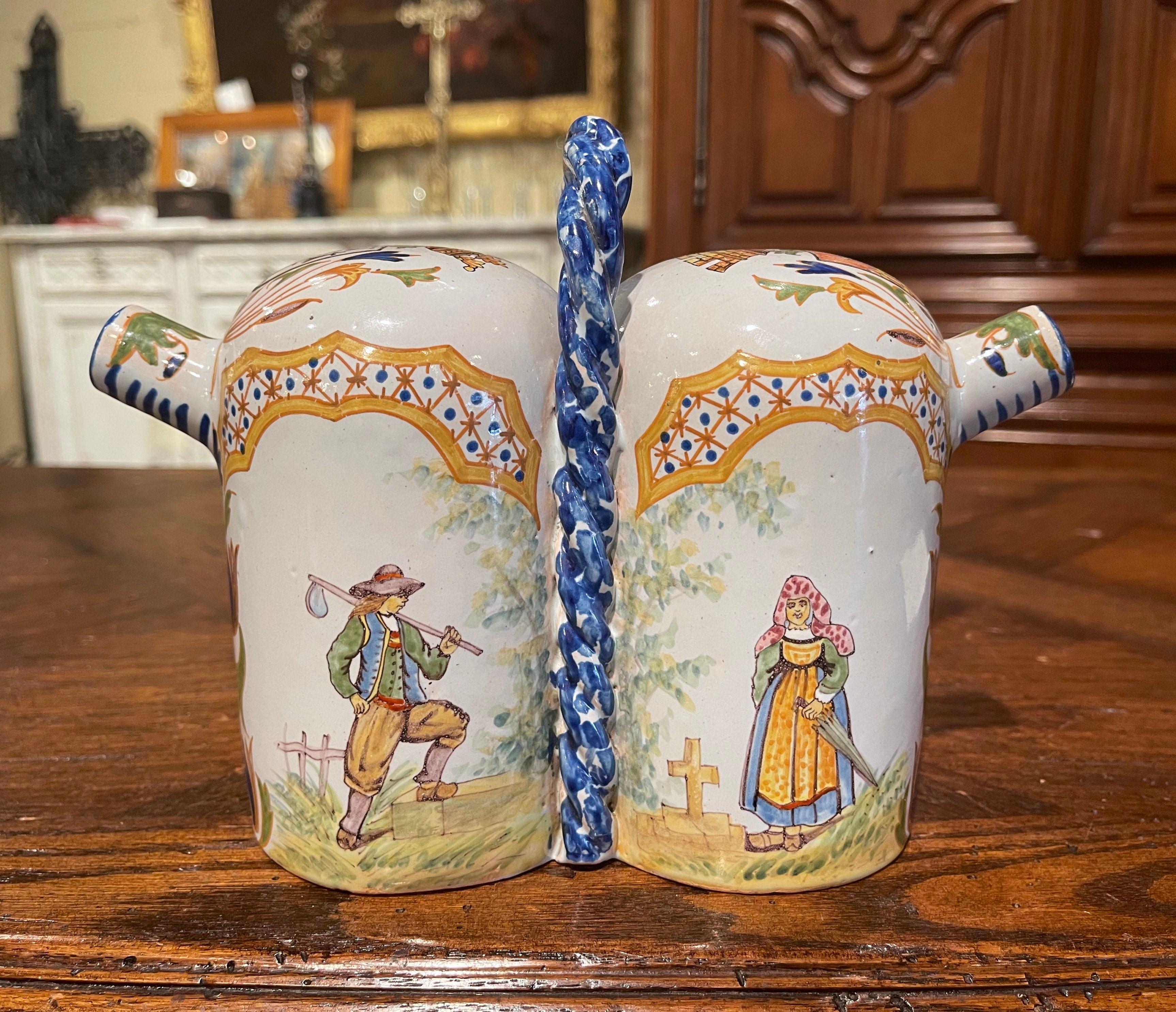 19th Century French Painted Faience Porquier Beau Quimper Olive Oil Container For Sale 1