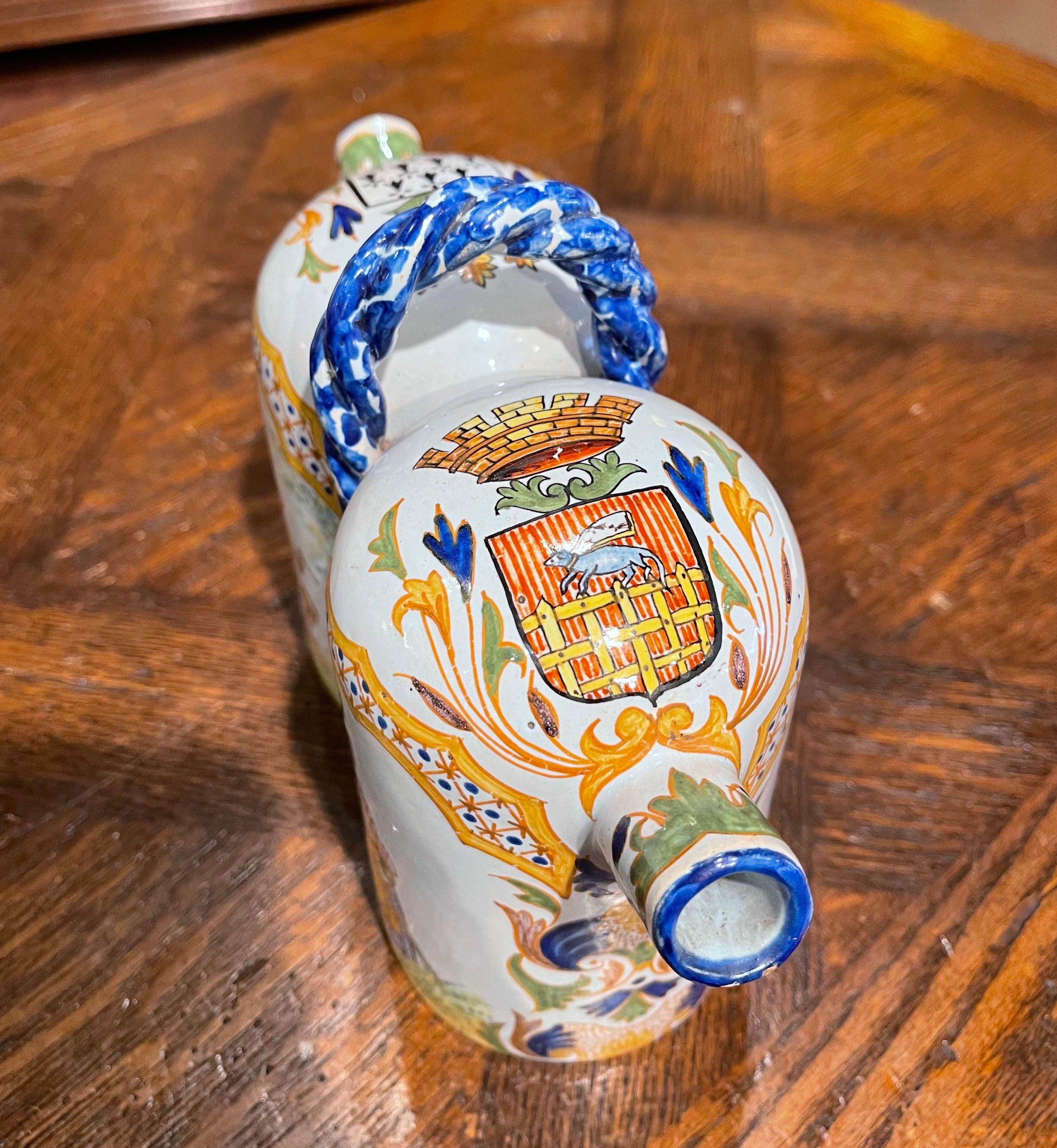 19th Century French Painted Faience Porquier Beau Quimper Olive Oil Container For Sale 2