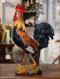 19th Century French Painted Faience Rooster with Vase Attributed to Comolera