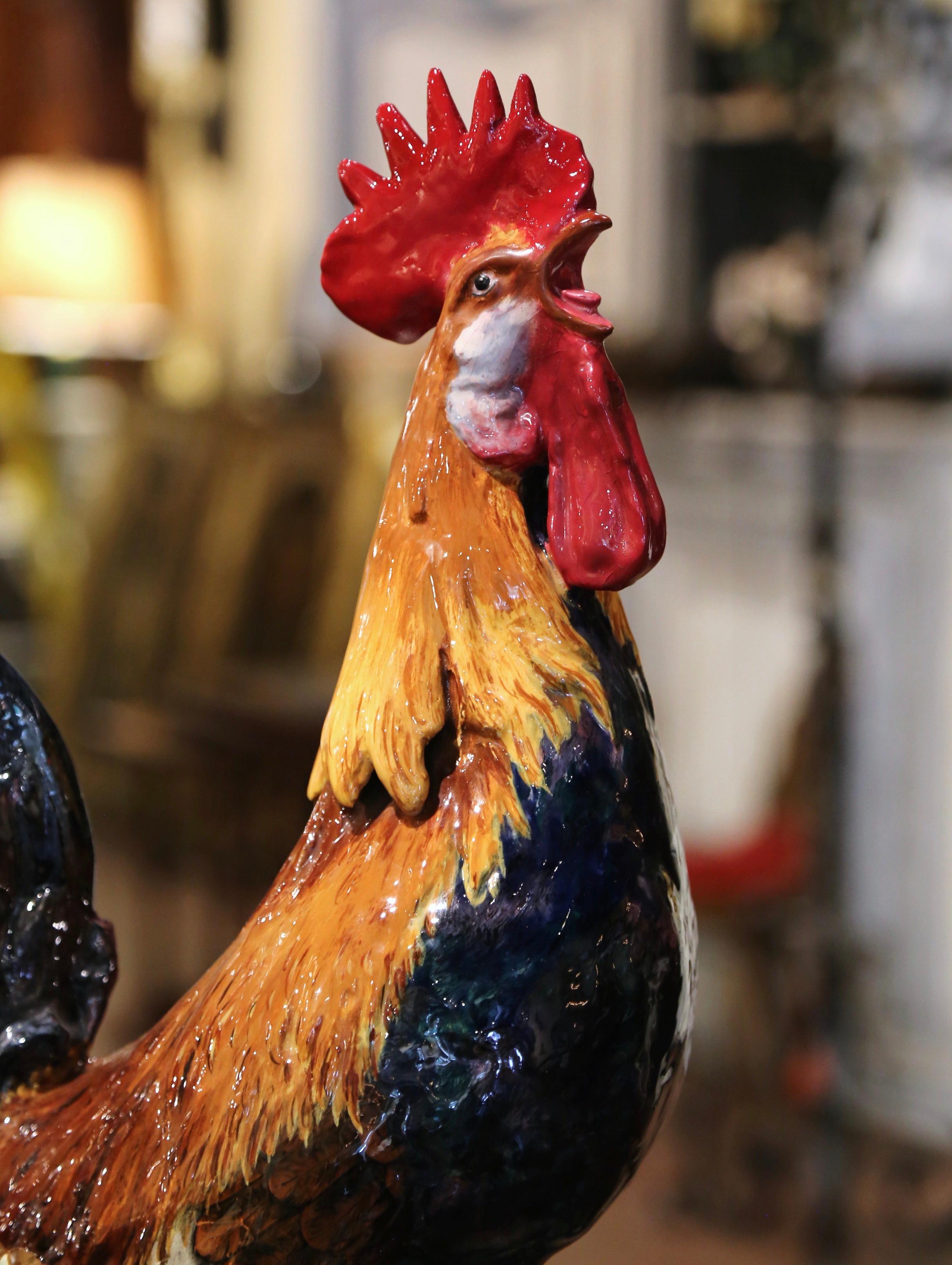 Country 19th Century French Painted Faience Rooster with Vase Attributed to Comolera For Sale