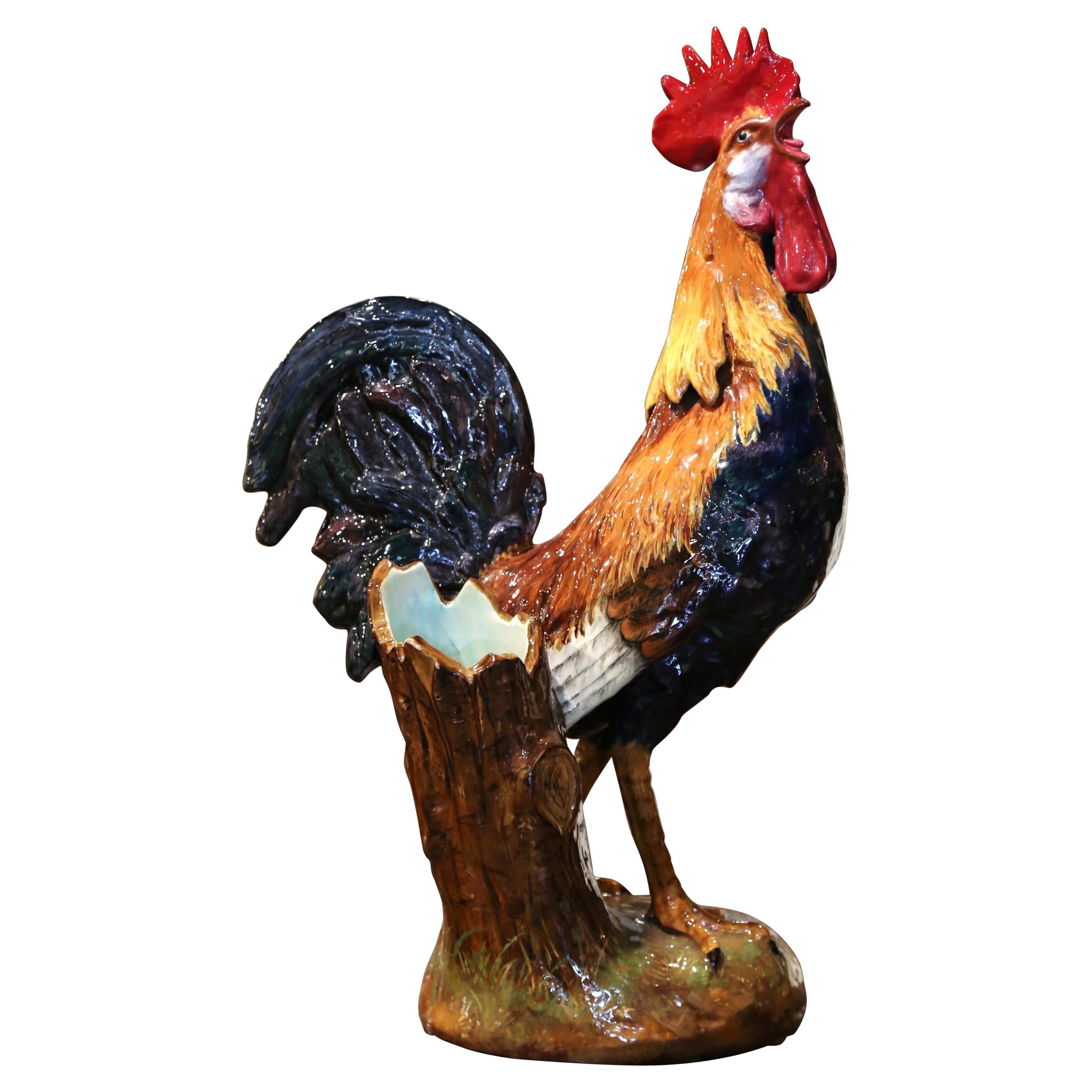 19th Century French Painted Faience Rooster with Vase Attributed to Comolera For Sale