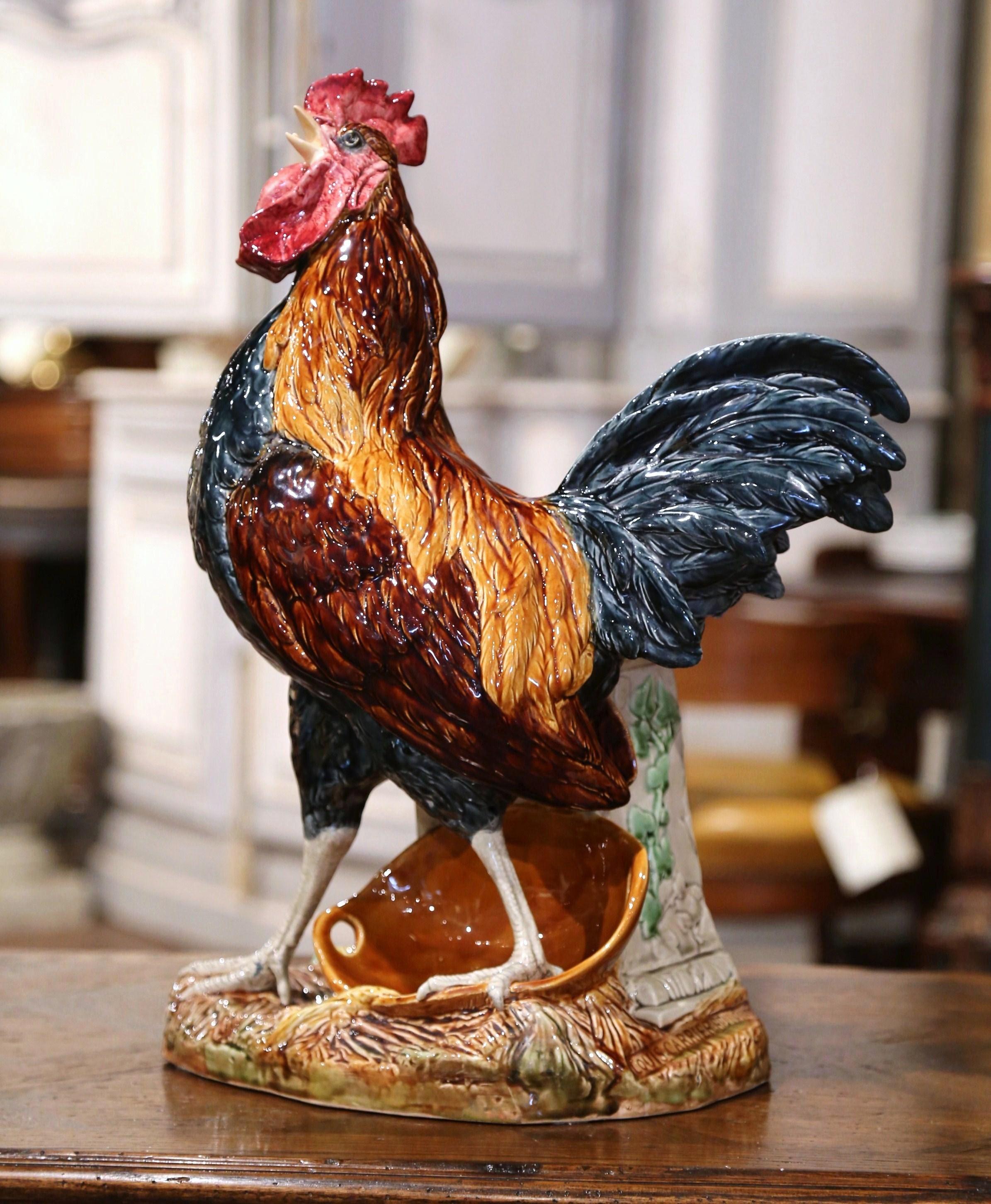 19th Century French Painted Faience Rooster with Vase Signed Carrier-Belleuse In Excellent Condition In Dallas, TX