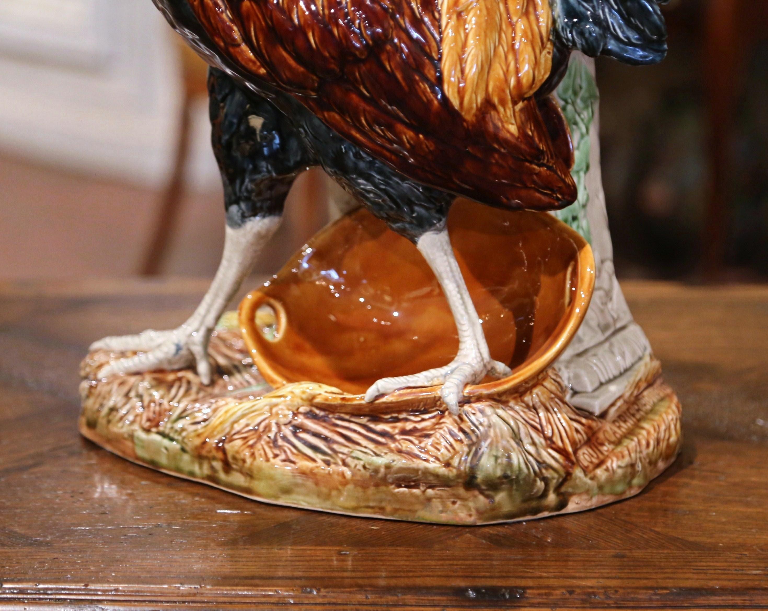 Majolica 19th Century French Painted Faience Rooster with Vase Signed Carrier-Belleuse