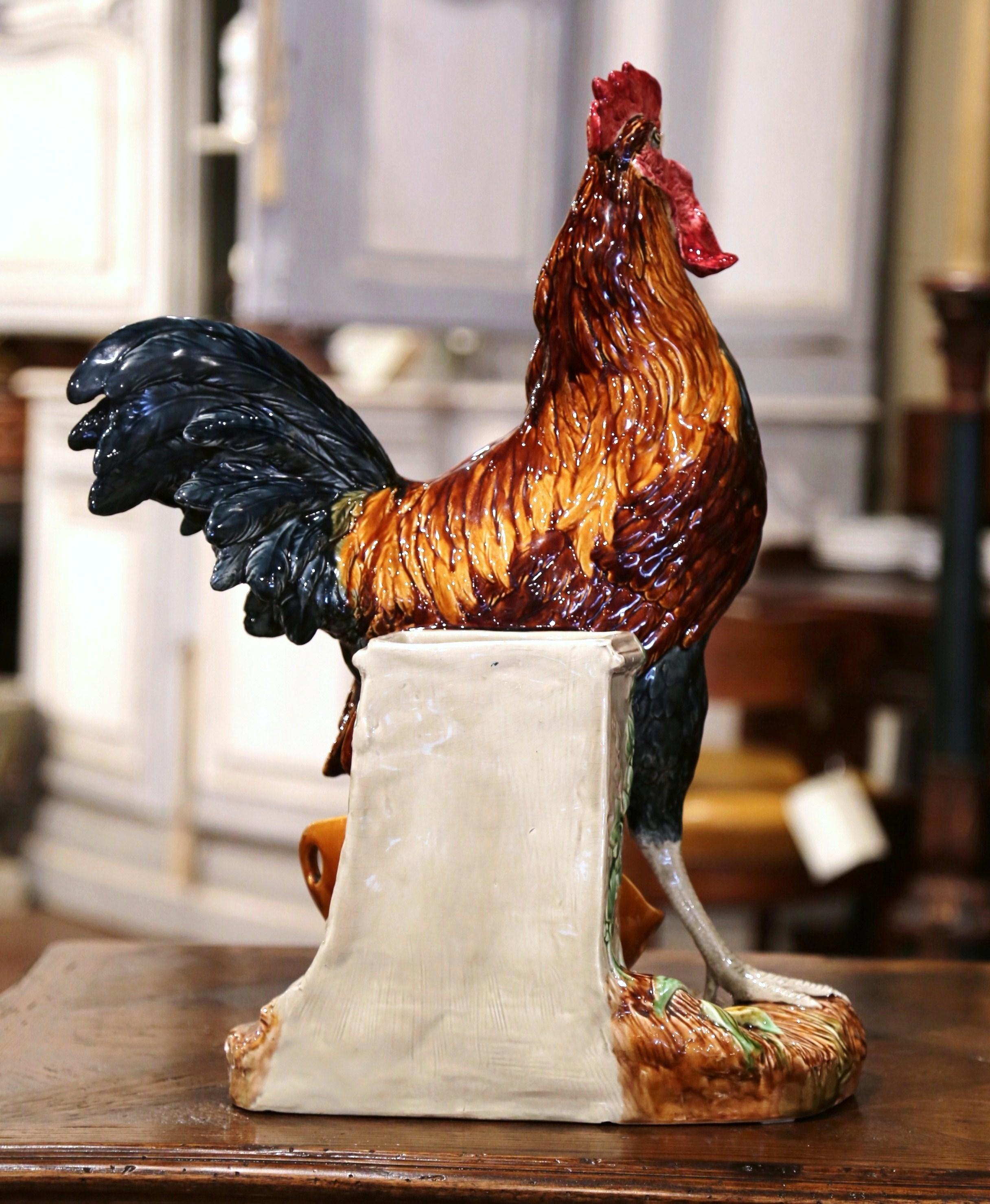 19th Century French Painted Faience Rooster with Vase Signed Carrier-Belleuse 3