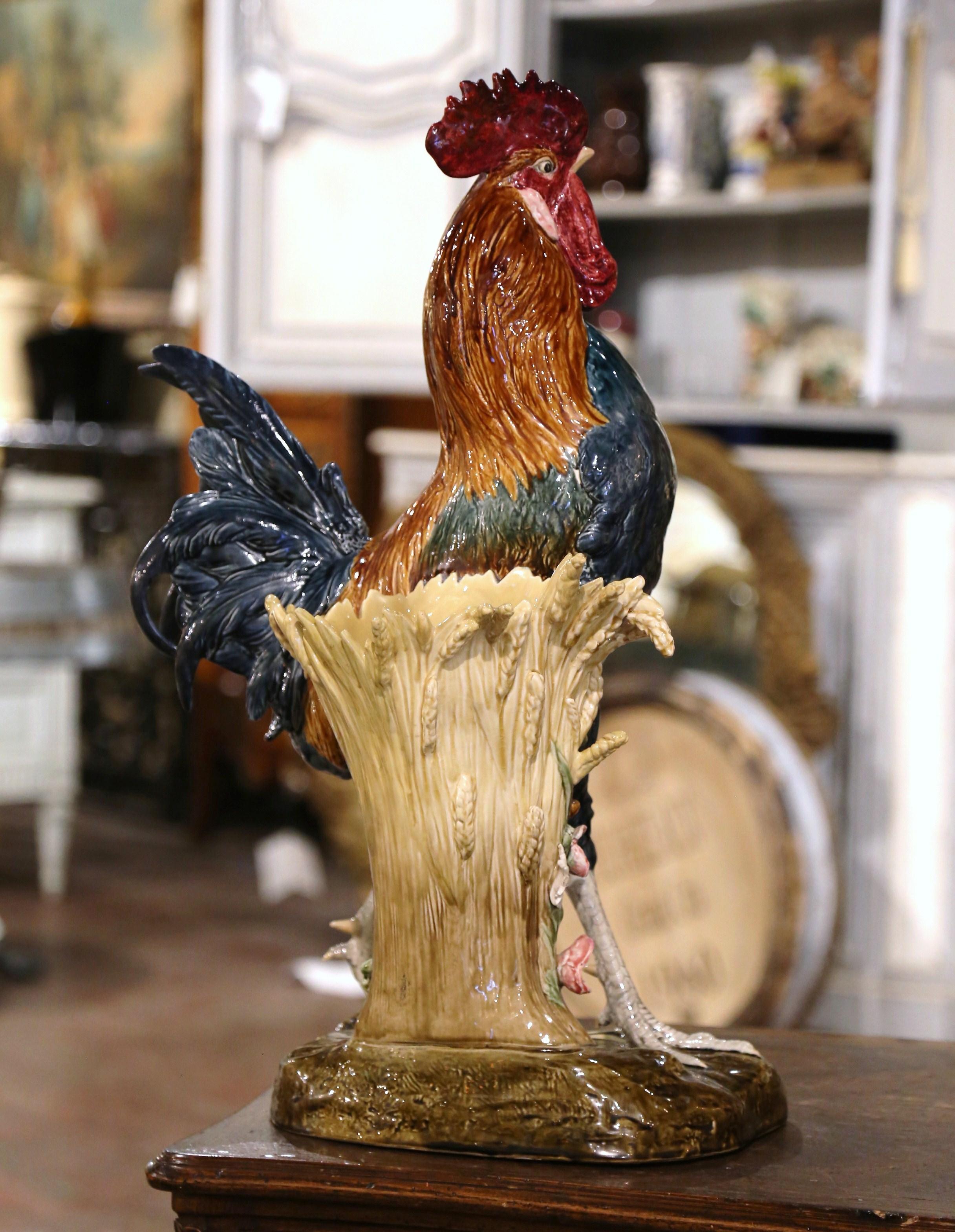 19th Century French Painted Faience Rooster with Vase Signed Paul Comolera For Sale 5