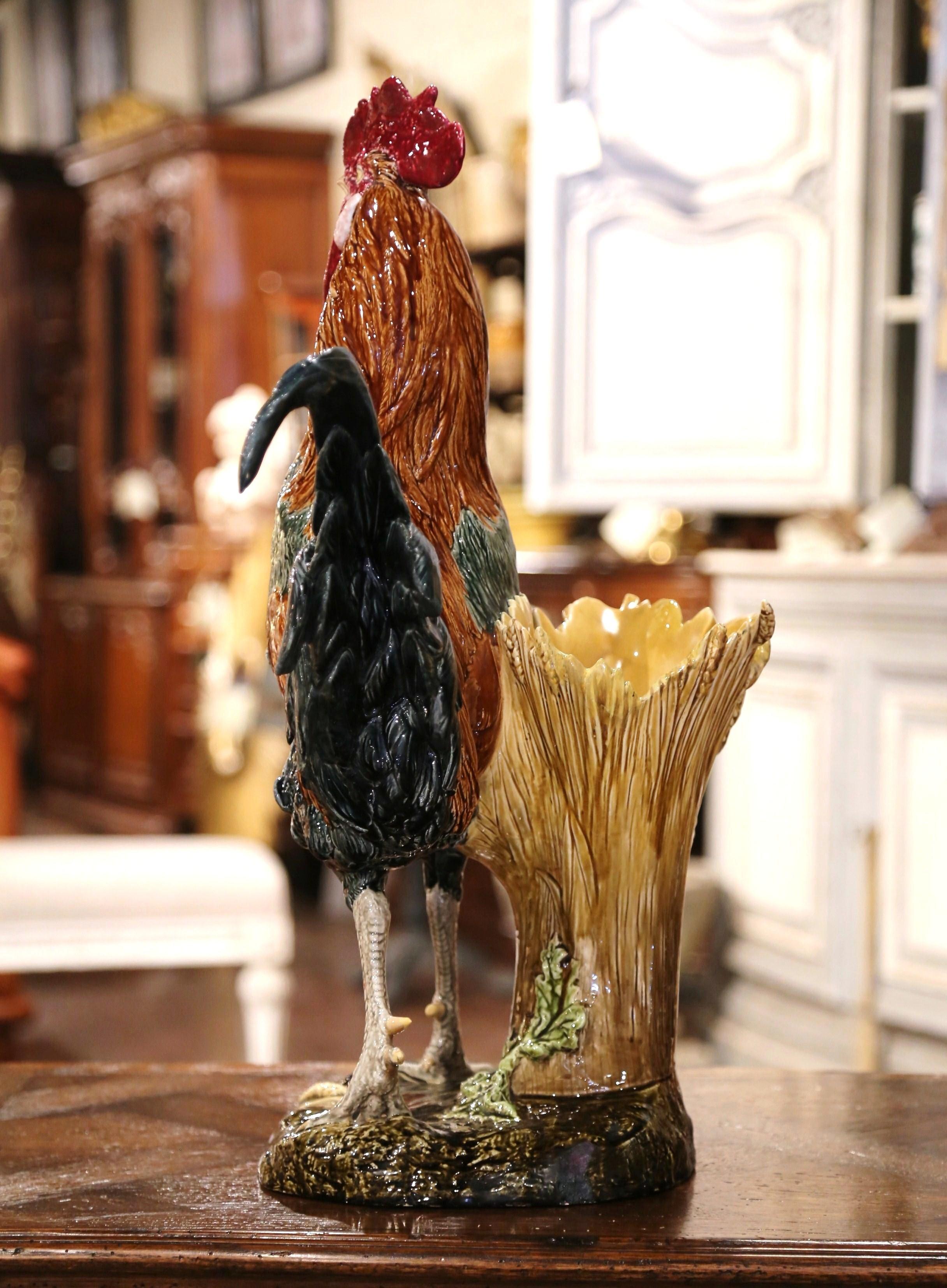 19th Century French Painted Faience Rooster with Vase Signed Paul Comolera 4