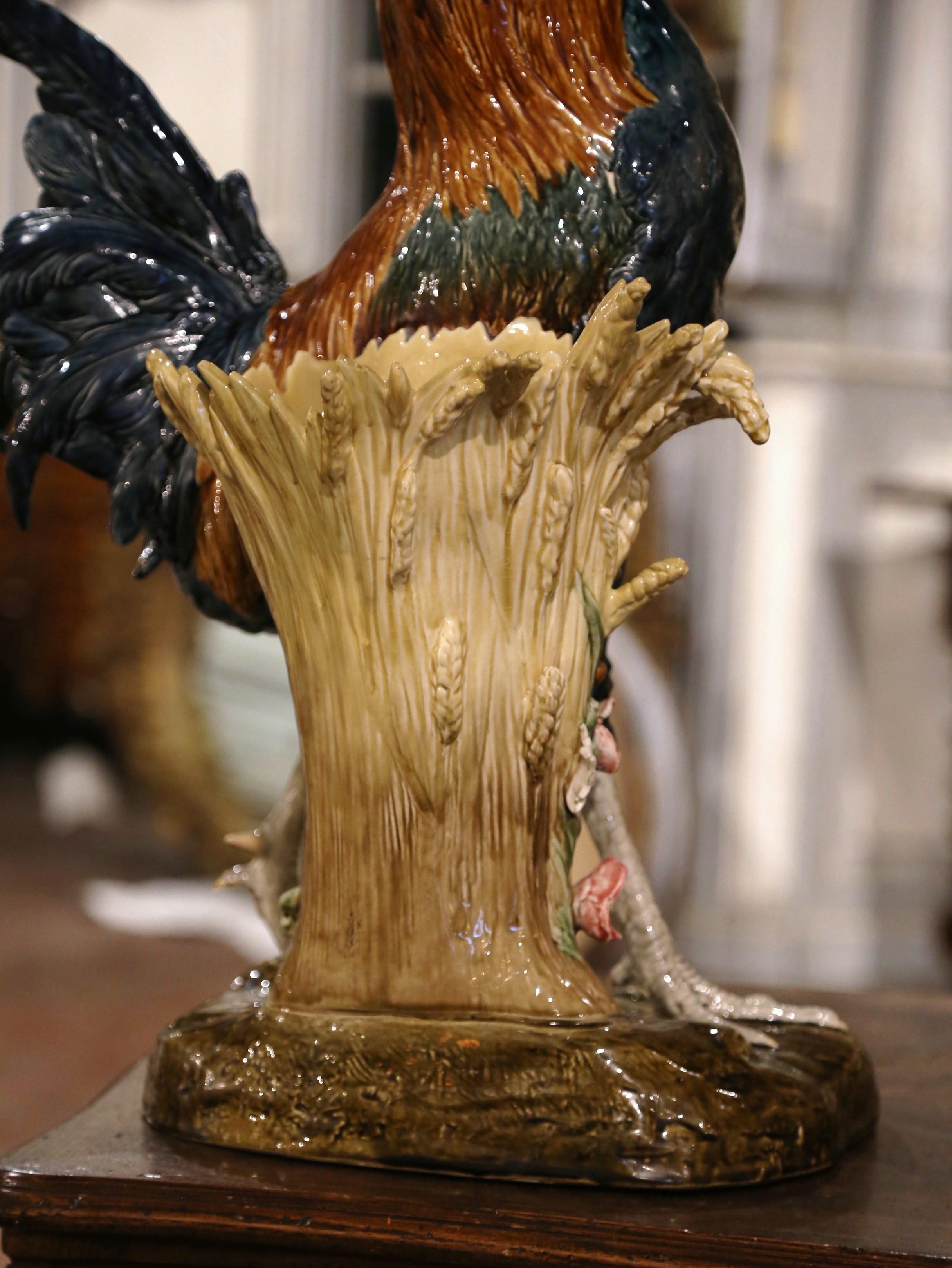 19th Century French Painted Faience Rooster with Vase Signed Paul Comolera For Sale 6