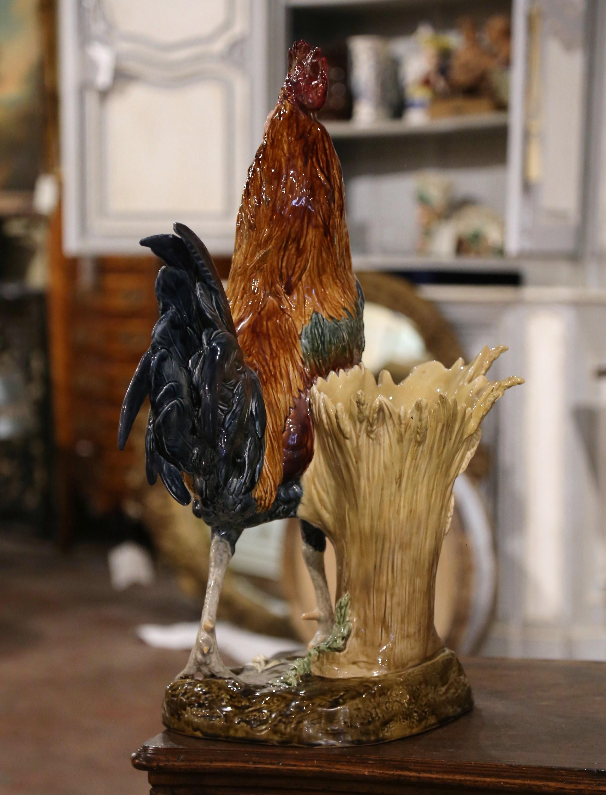 19th Century French Painted Faience Rooster with Vase Signed Paul Comolera For Sale 7