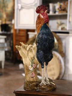 19th Century French Painted Faience Rooster with Vase Signed Paul Comolera
