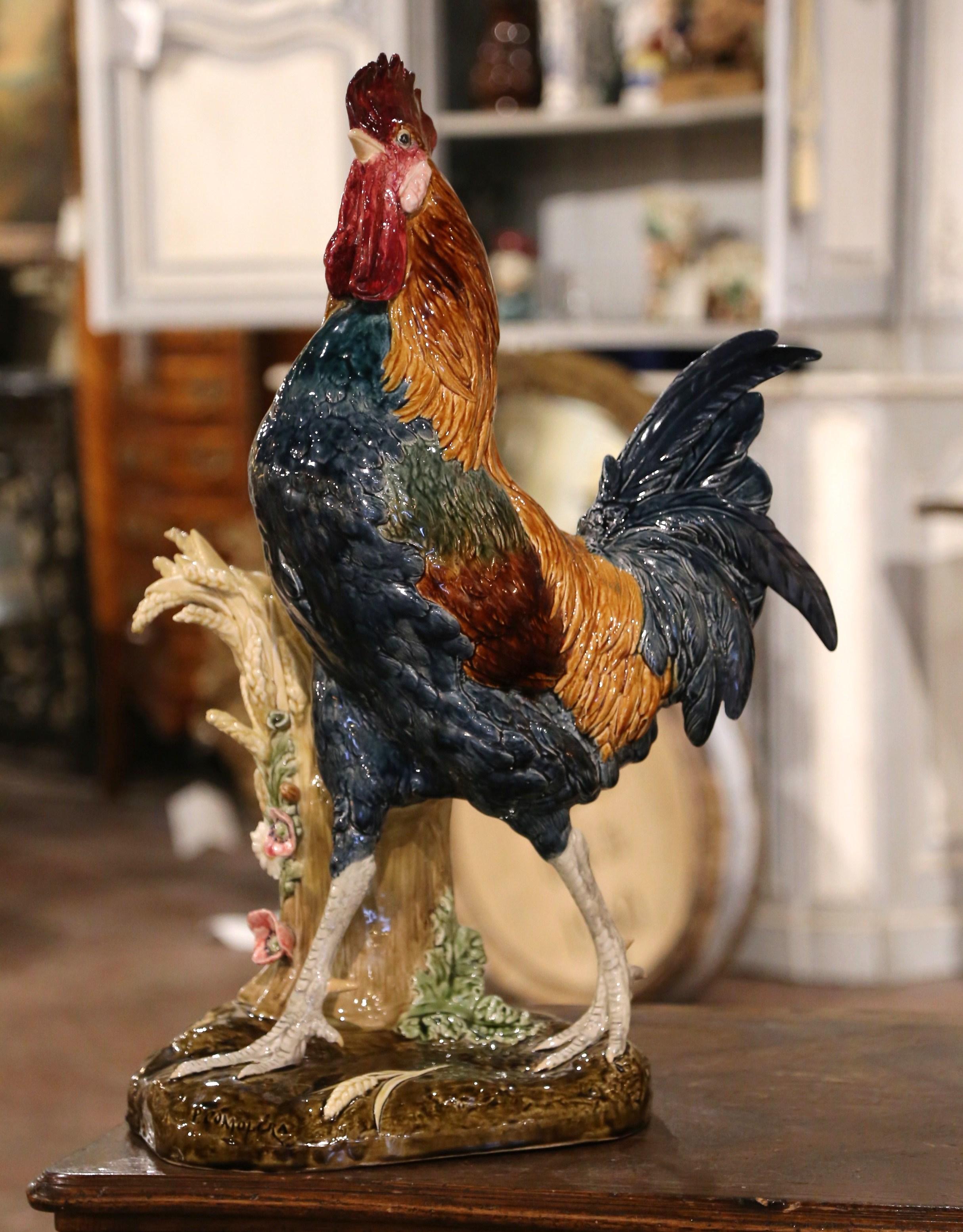 19th Century French Painted Faience Rooster with Vase Signed Paul Comolera In Excellent Condition For Sale In Dallas, TX