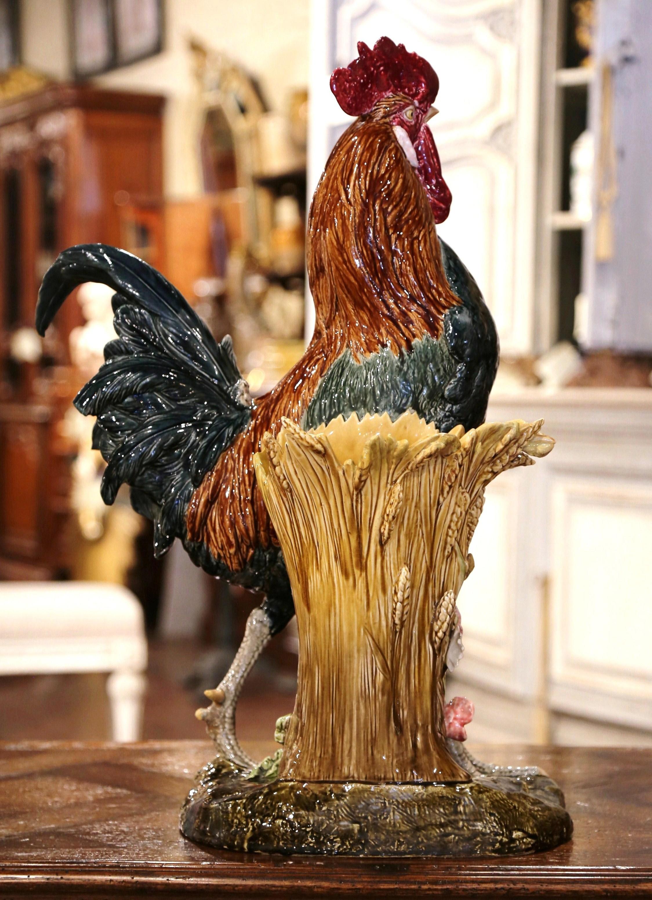 Hand-Crafted 19th Century French Painted Faience Rooster with Vase Signed Paul Comolera