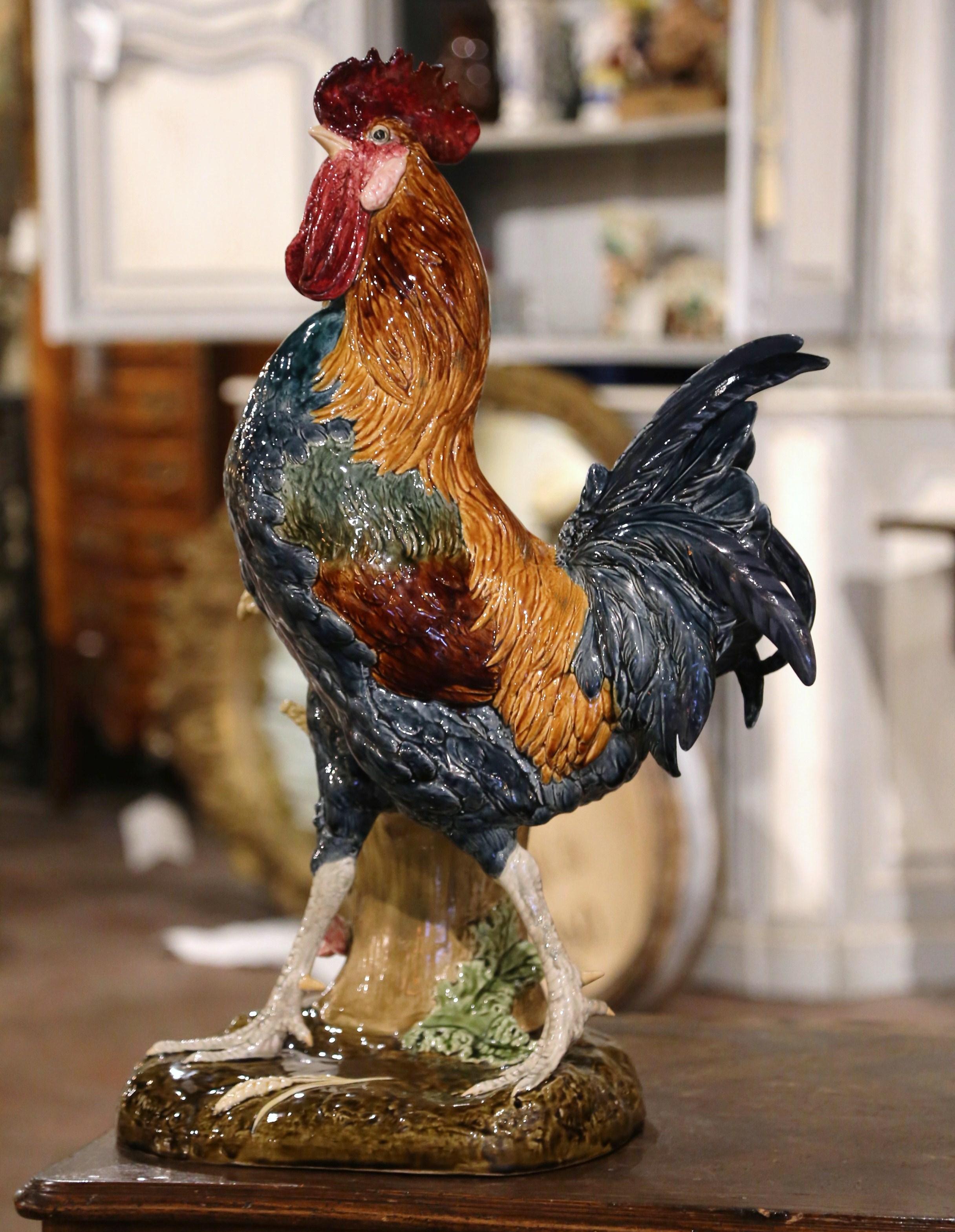 19th Century French Painted Faience Rooster with Vase Signed Paul Comolera For Sale 1