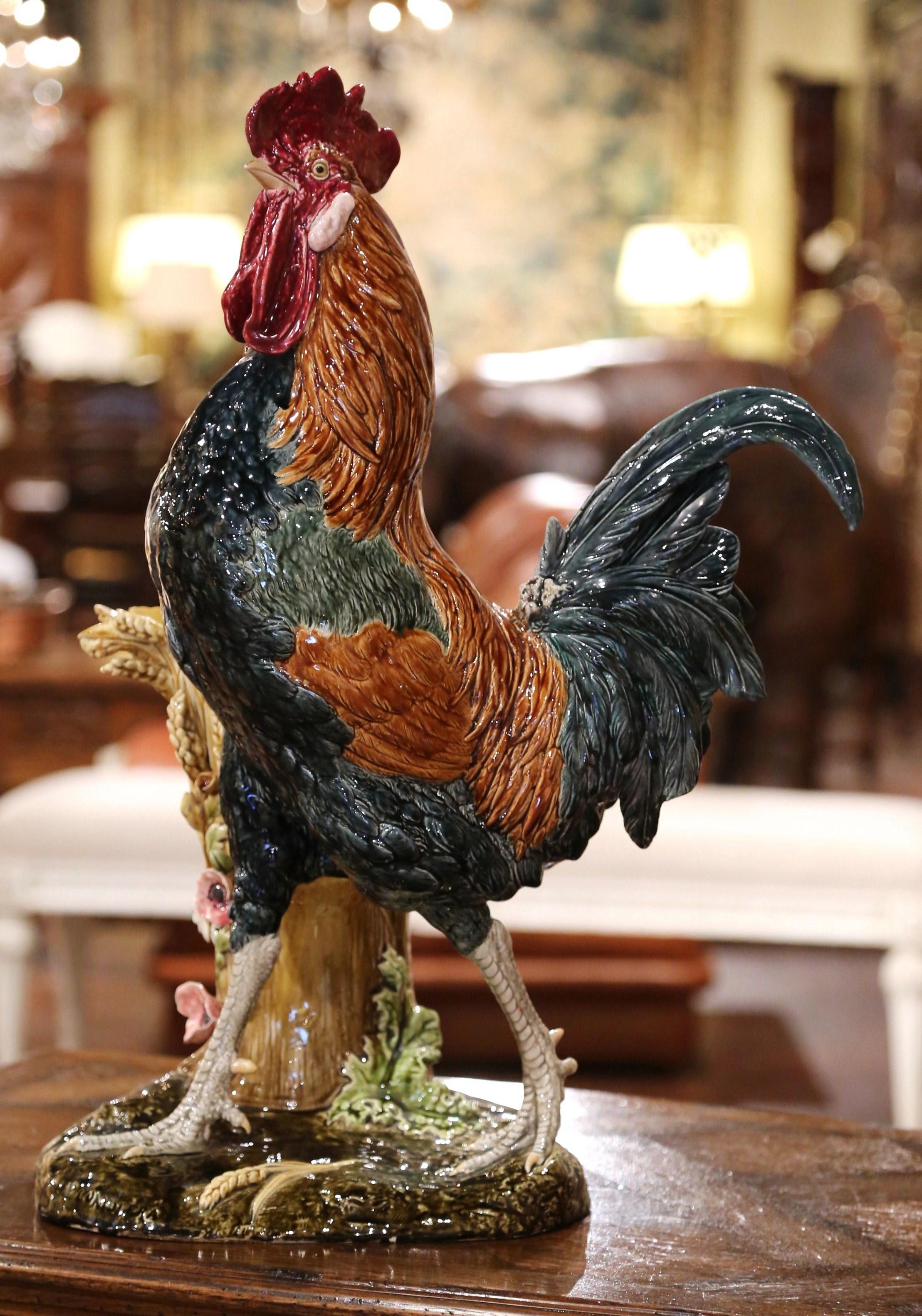 19th Century French Painted Faience Rooster with Vase Signed Paul Comolera In Excellent Condition In Dallas, TX