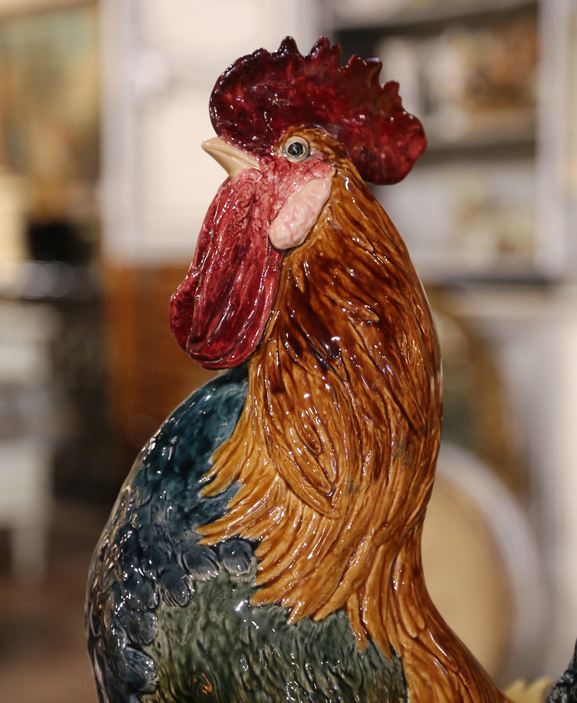 19th Century French Painted Faience Rooster with Vase Signed Paul Comolera For Sale 2