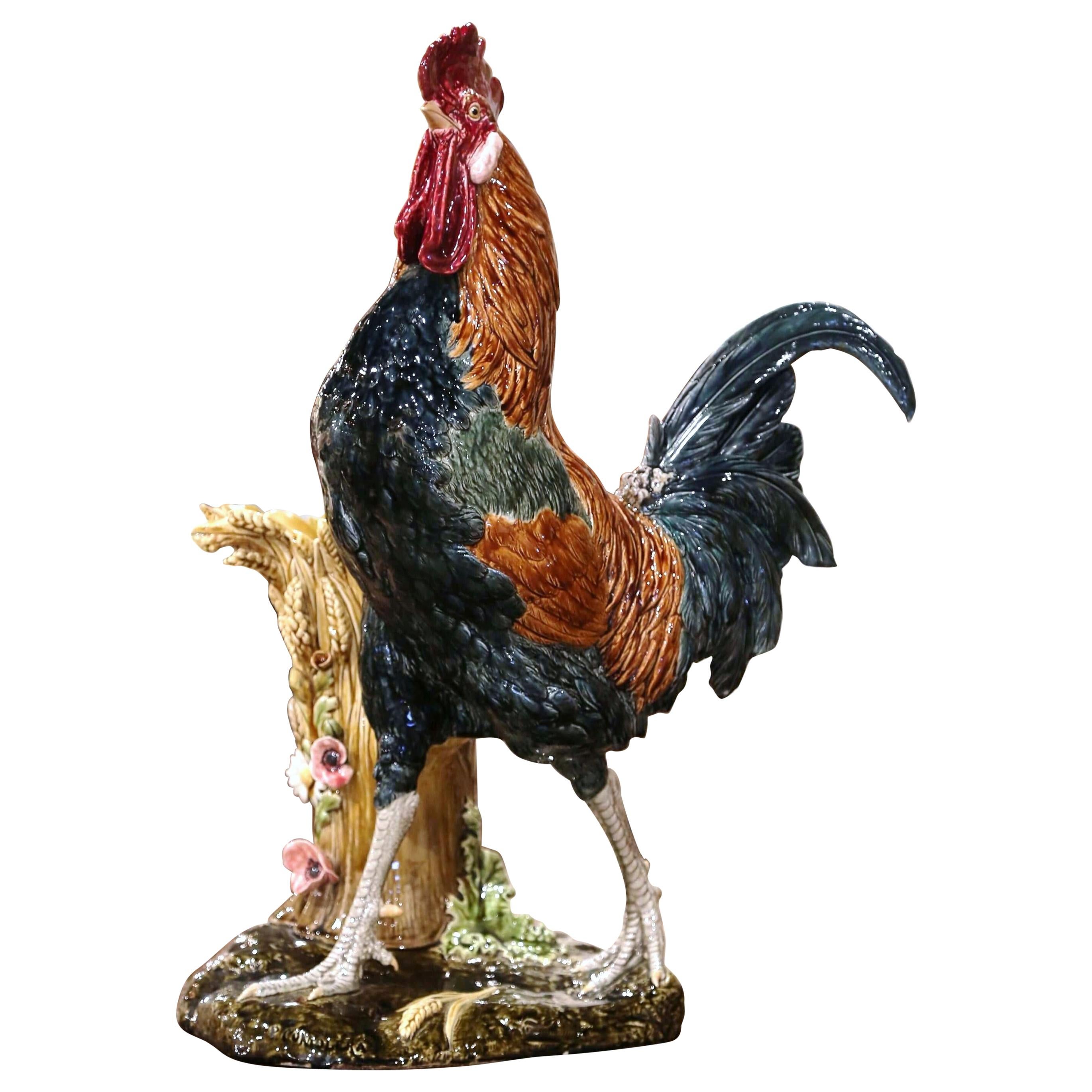 19th Century French Painted Faience Rooster with Vase Signed Paul Comolera