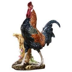 19th Century French Painted Faience Rooster with Vase Signed Paul Comolera