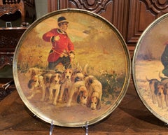 19th Century French Painted Hunt Scene Tole Wall Plates Signed A. de Gesne, Pair
