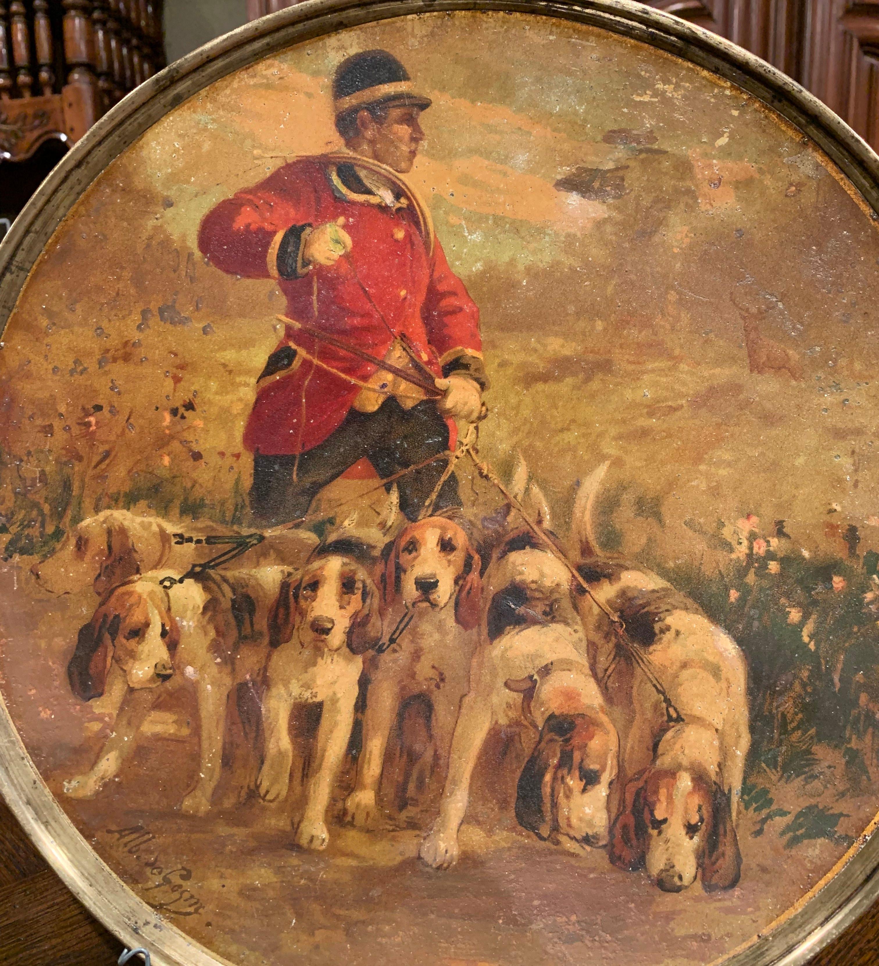 Brass 19th Century French Painted Hunt Scene Tole Wall Plates Signed A. de Gesne, Pair For Sale