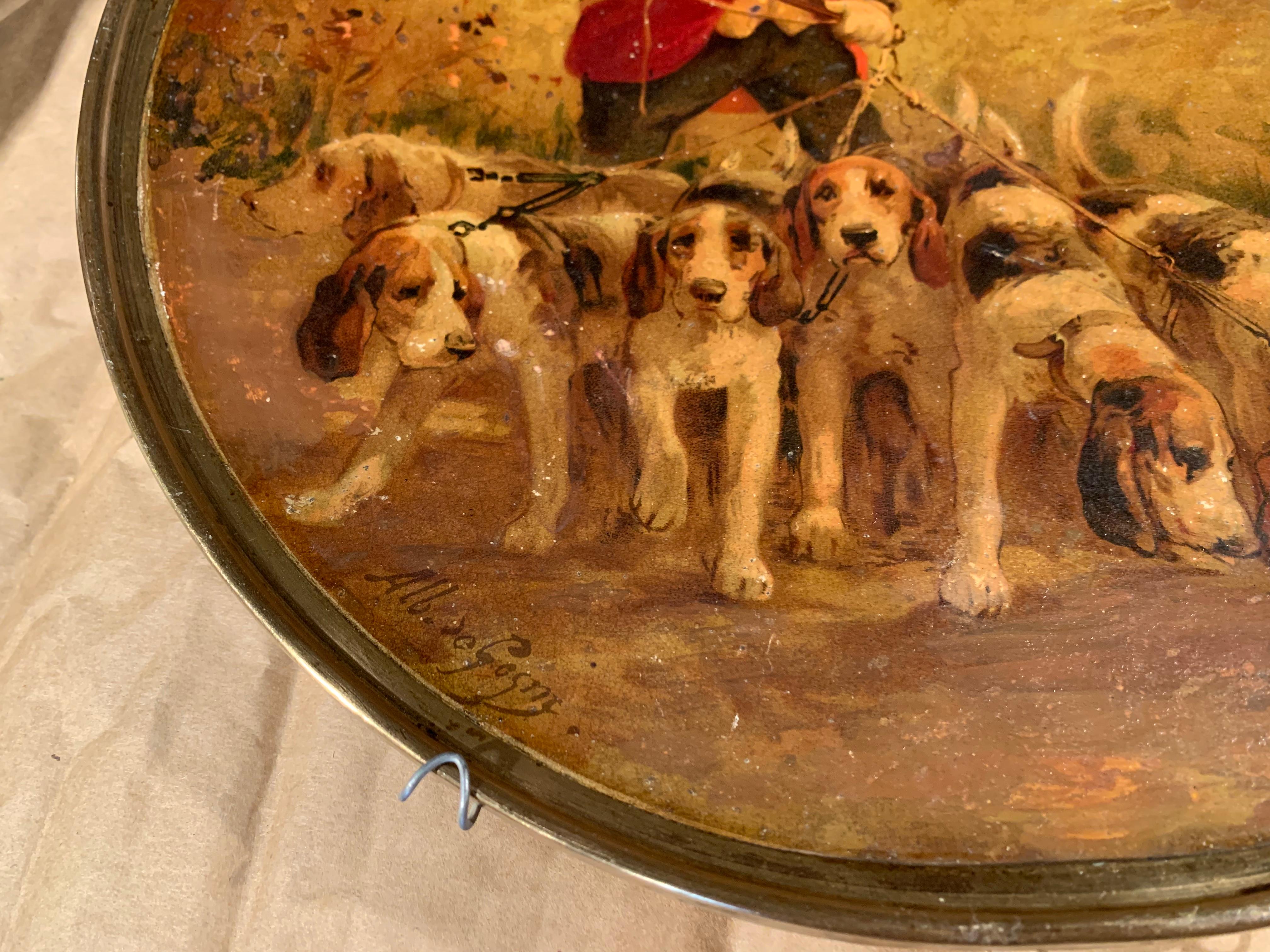 Paire d'assiettes murales françaises en tôle peinte du XIXe siècle représentant une scène de chasse, signées A. de Gesne en vente 1