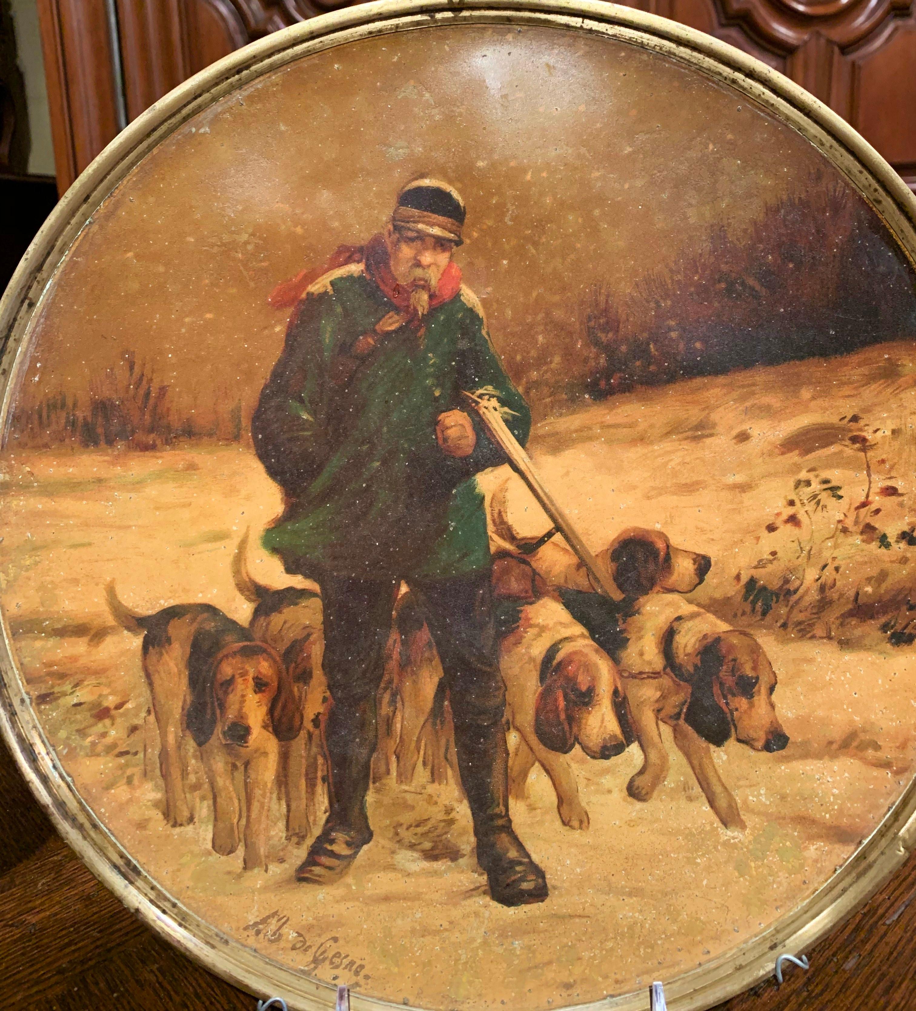 Paire d'assiettes murales françaises en tôle peinte du XIXe siècle représentant une scène de chasse, signées A. de Gesne en vente 2