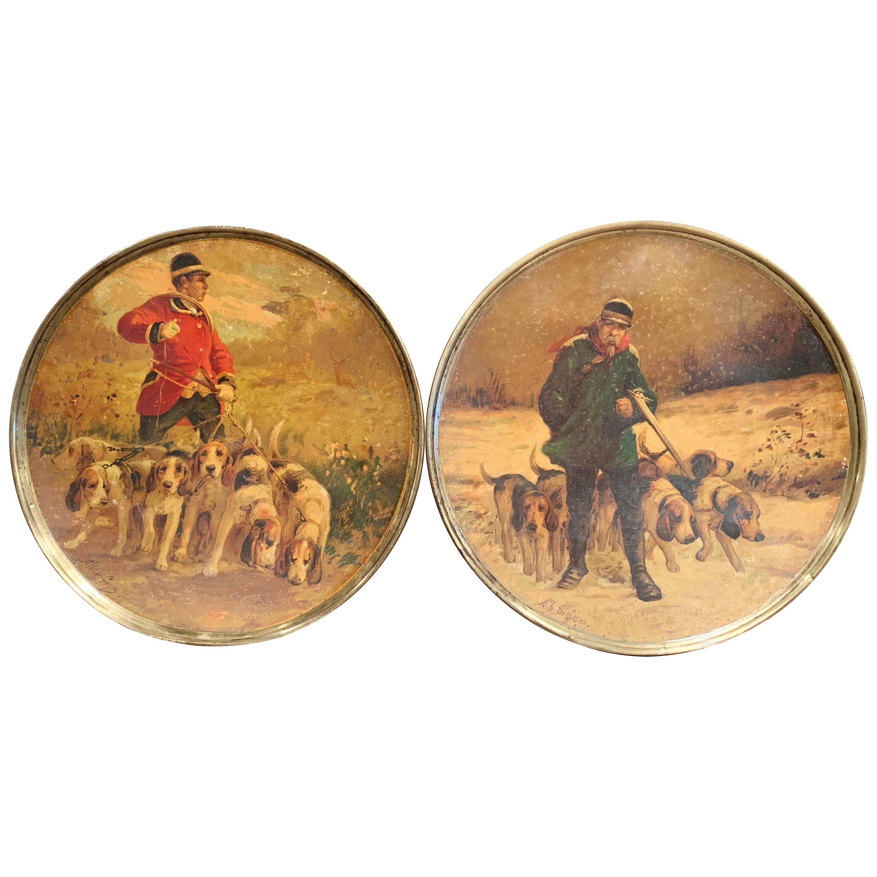 Platos de Pared de Tole del Siglo XIX Franceses Pintados con Escena de Caza Firmados A. de Gesne, Pareja