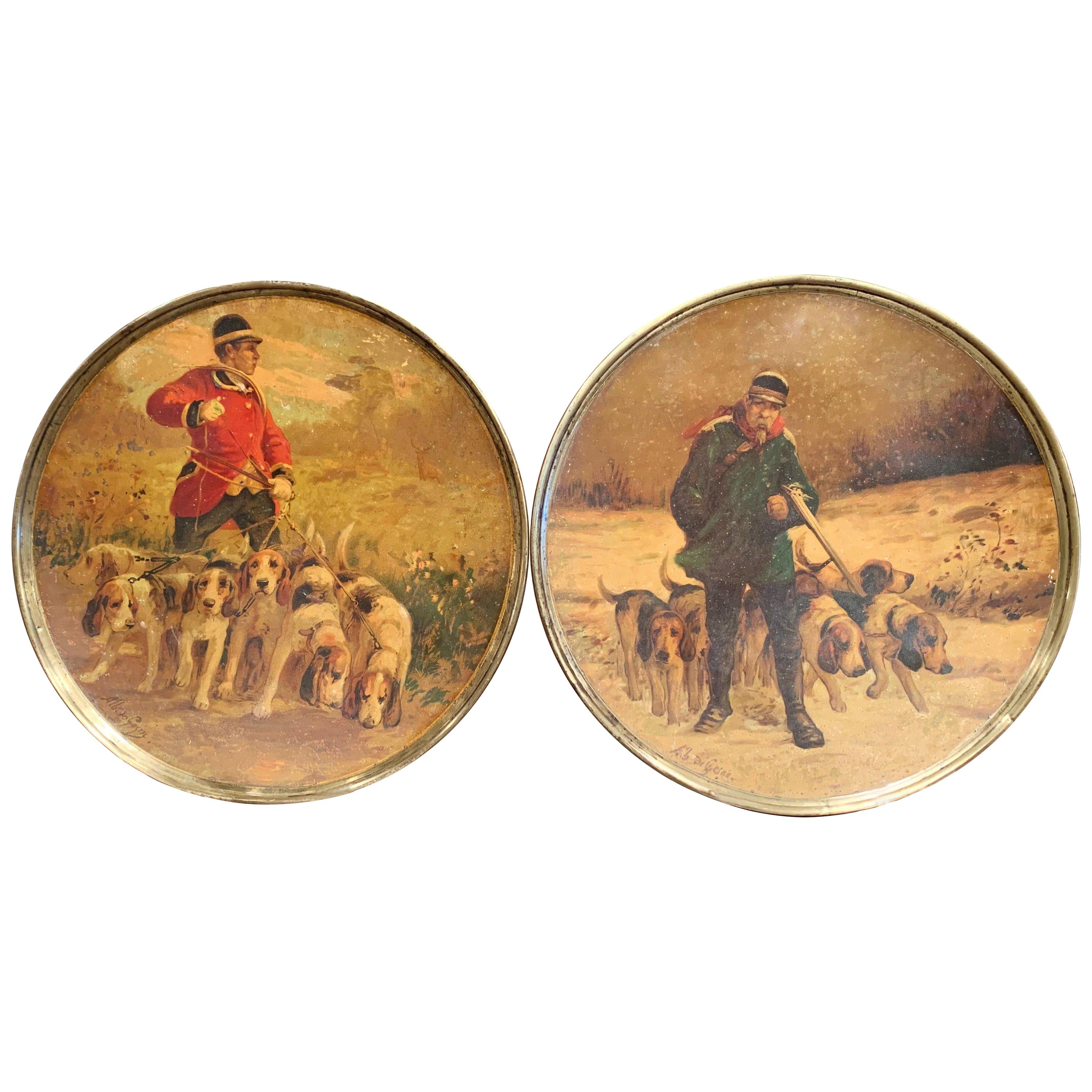 19th Century French Painted Hunt Scene Tole Wall Plates Signed A. de Gesne, Pair For Sale