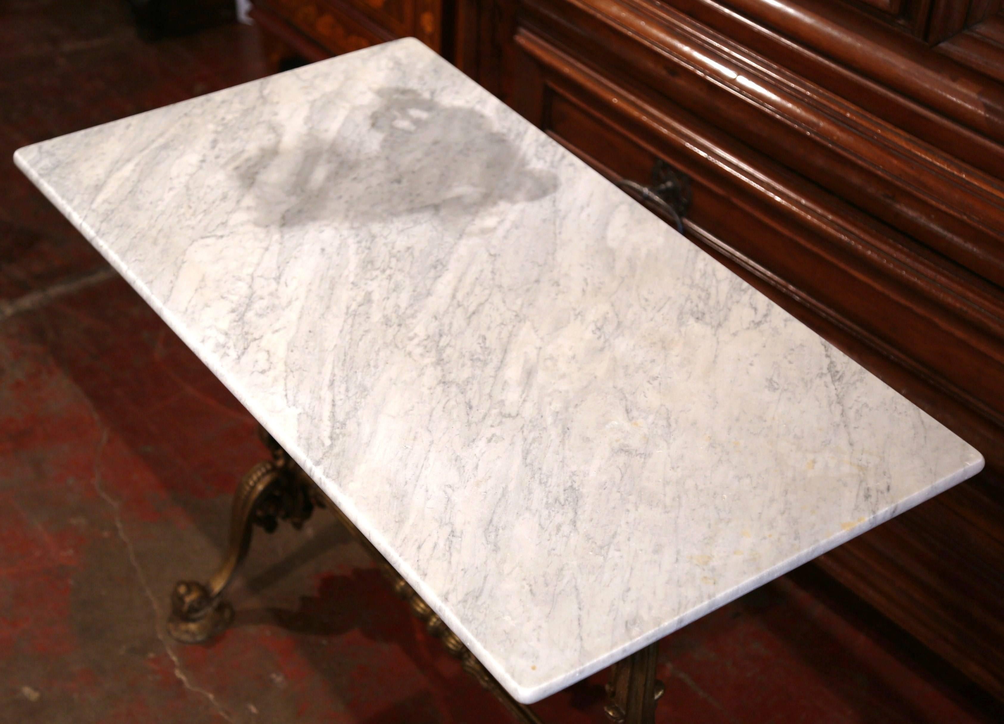 Patinated 19th Century French Painted Iron Bistrot Table with White and Grey Marble Top