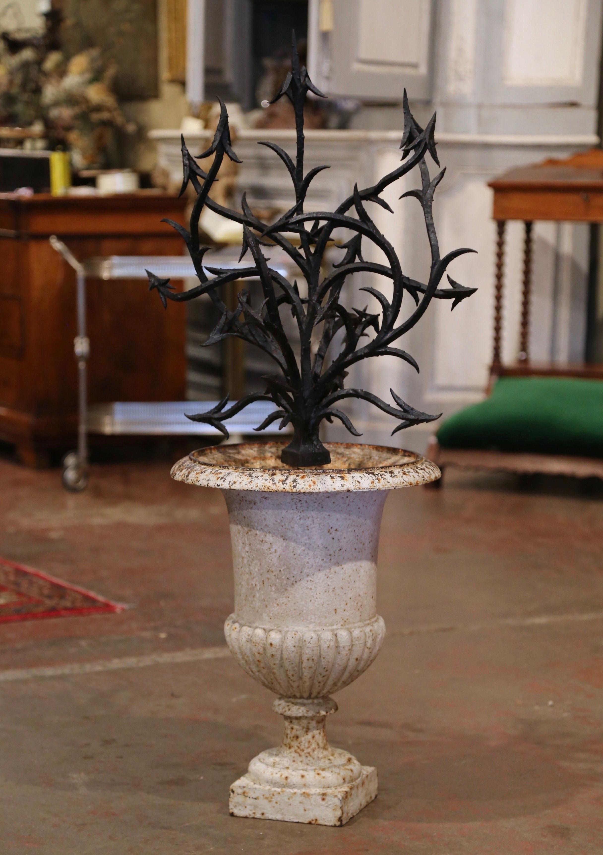 Hand-Crafted 19th Century French Painted Iron Urn with Forged Art Bush Decor For Sale