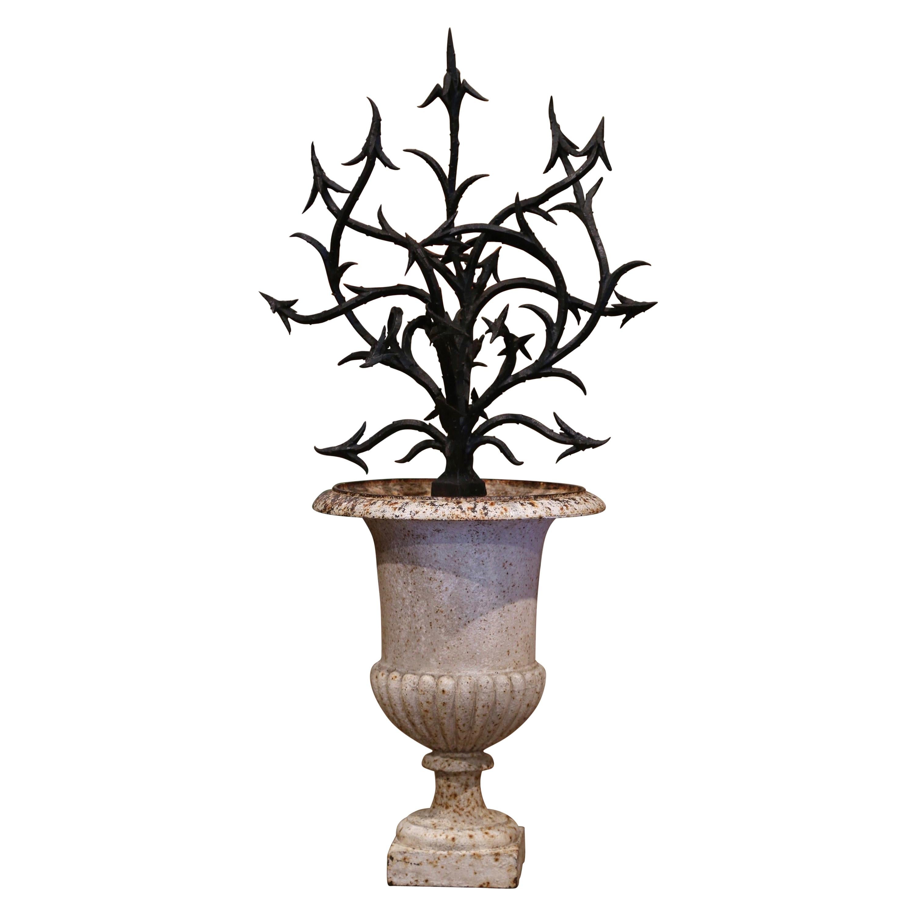 19th Century French Painted Iron Urn with Forged Art Bush Decor