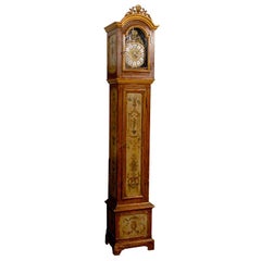 Antique French 19th Century Longcase Painted Clock with Carved Crest and Classical Décor