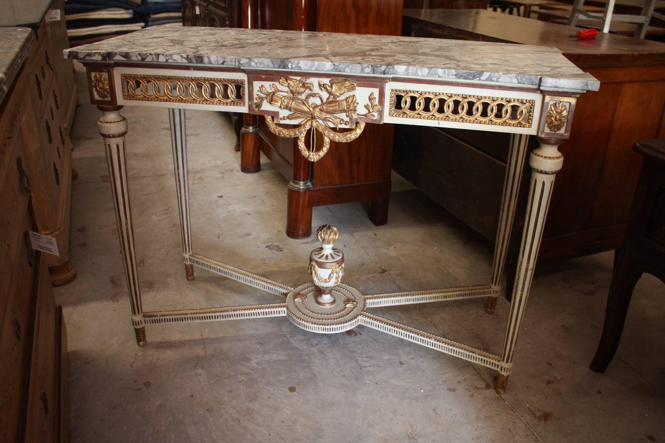 19th Century French Painted Louis XVI Console with Faux Marble Top 4