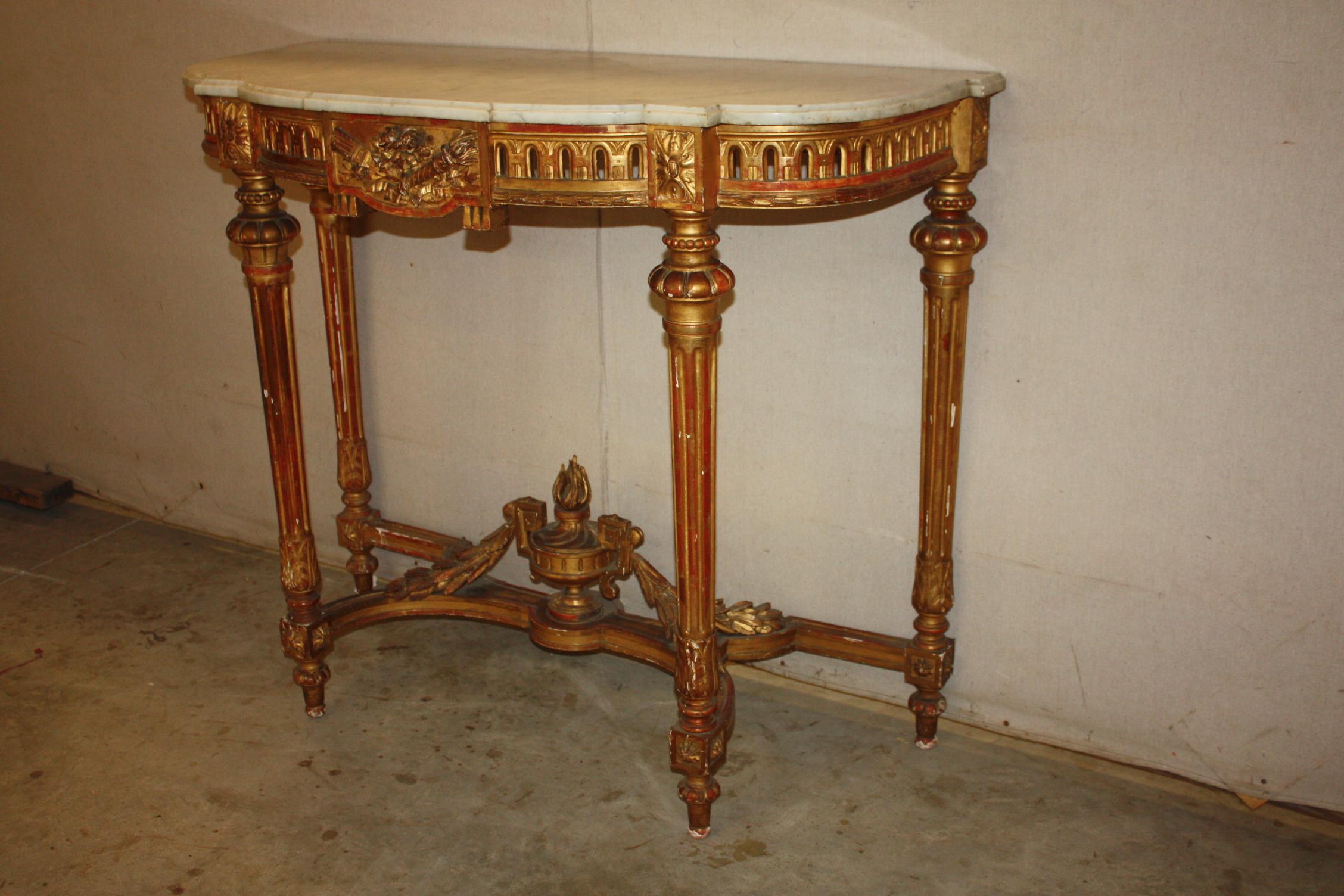 19th century French painted Louis XVI console with wonderful worn painted finish and faux marble top.