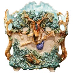 19th Century French Painted Majolica Cachepot with Hunt Trophy Motifs