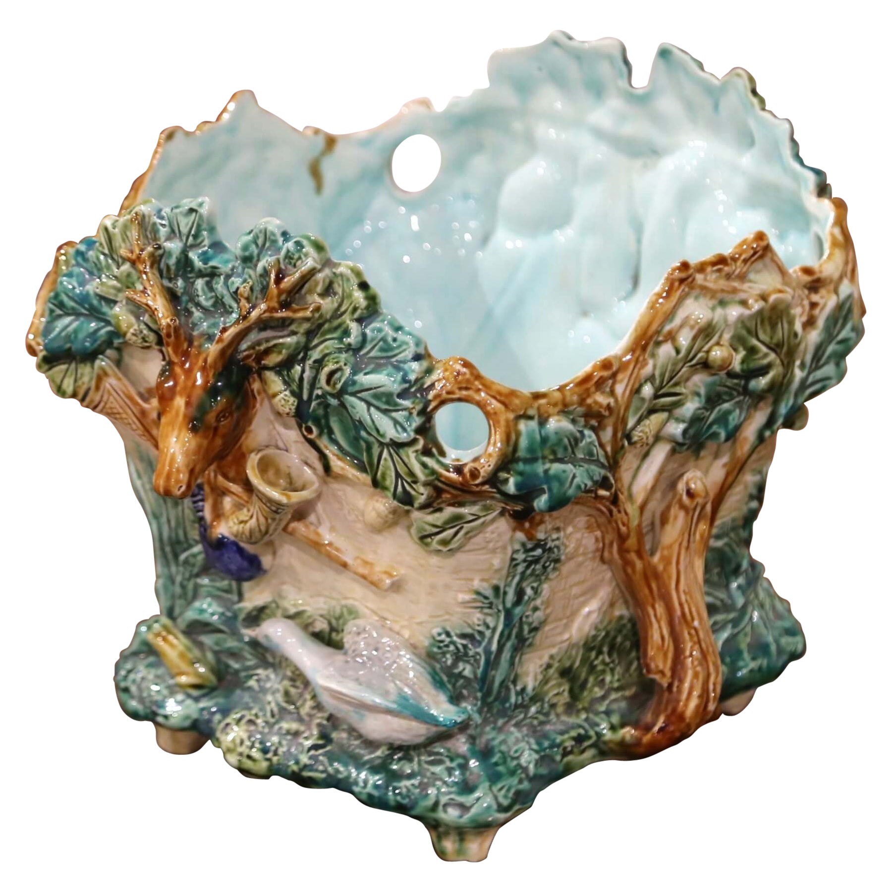 19th Century French Painted Majolica Cachepot with Hunt Trophy Motifs