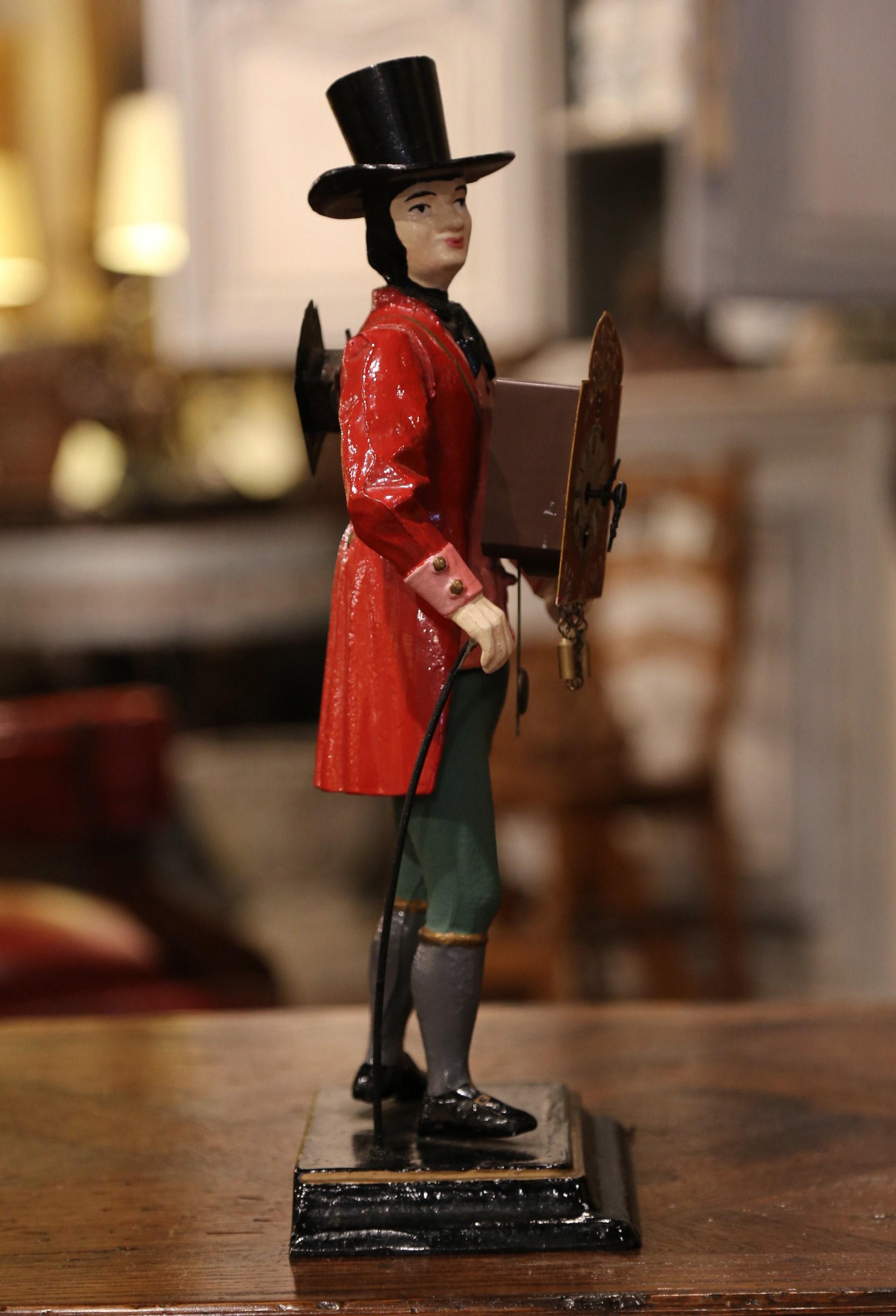 Hand-Crafted 19th Century French Painted Metal Salesman Figurine Clock