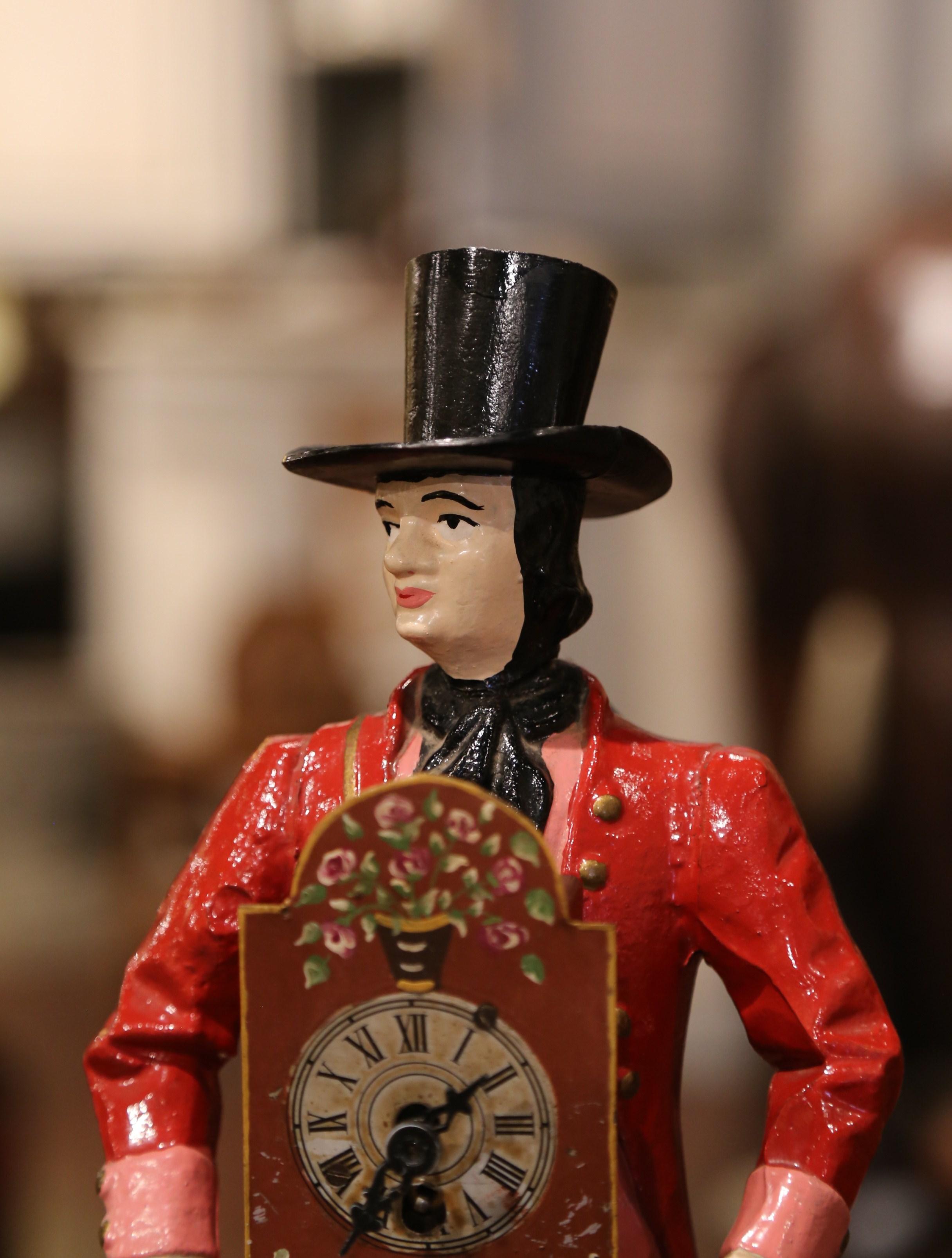 19th Century French Painted Metal Salesman Figurine Clock In Excellent Condition In Dallas, TX