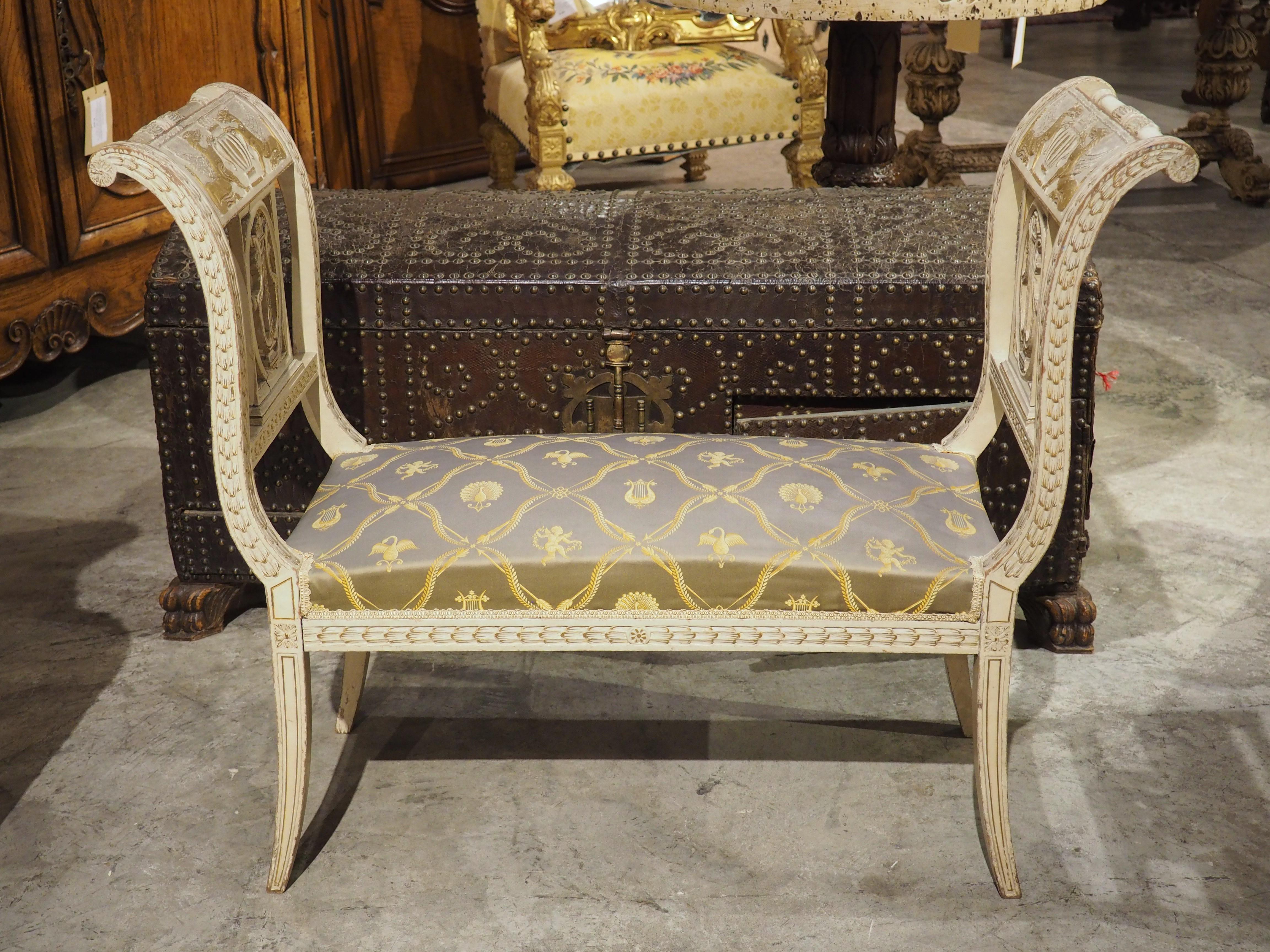 Hand-Carved 19th Century French Painted Neoclassical Style Banquette with Silk Upholstery
